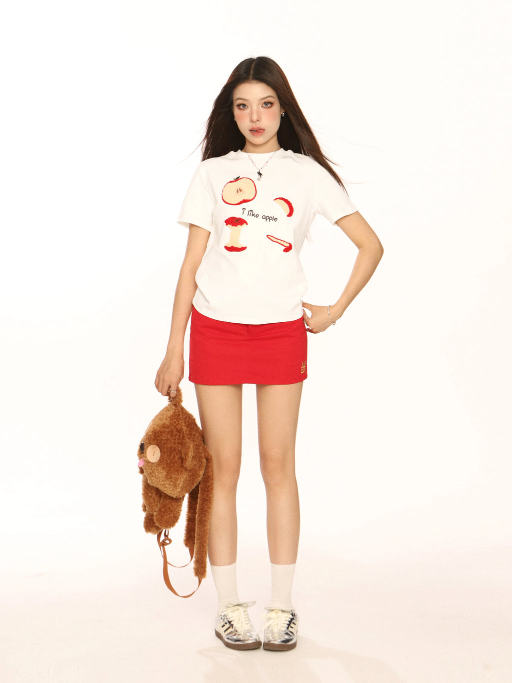 BIGGOLD Apple Towel Embroidered Short Sleeve T-shirt for Women, with a Small American Design, appears slim, white, spicy girl's shoulder top