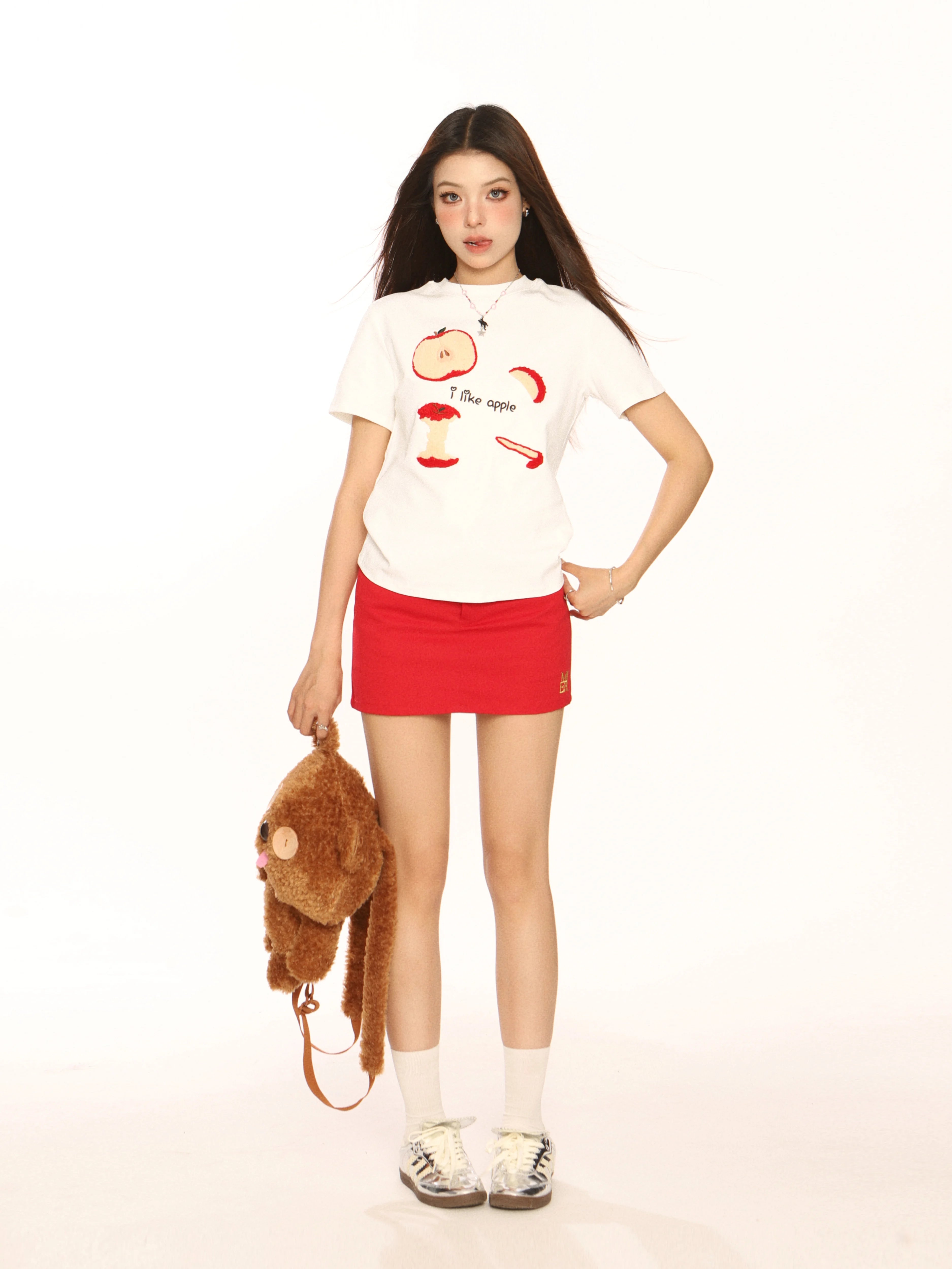 BIGGOLD Apple Towel Embroidered Short Sleeve T-shirt for Women, with a Small American Design, appears slim, white, spicy girl's shoulder top