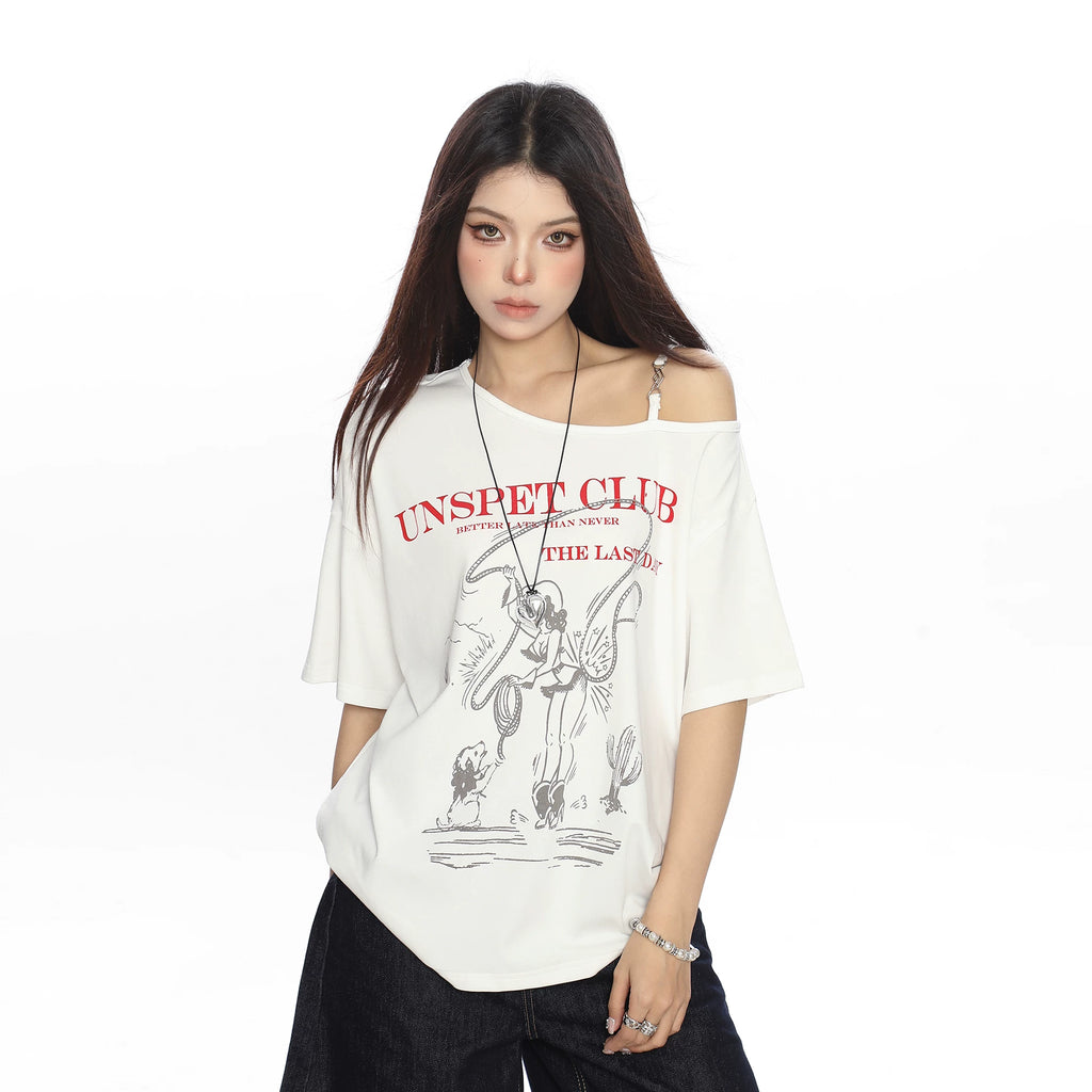 BIGGOLD Korean Style Graffiti Shoulder Strap Short Sleeve T-shirt Women's Summer Lazy Style Loose Casual Top Trendy