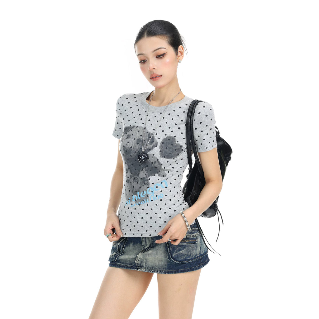 BIGGOLD puppy print full wave dot shoulder short sleeved T-shirt for women's summer waist slimming short top ins