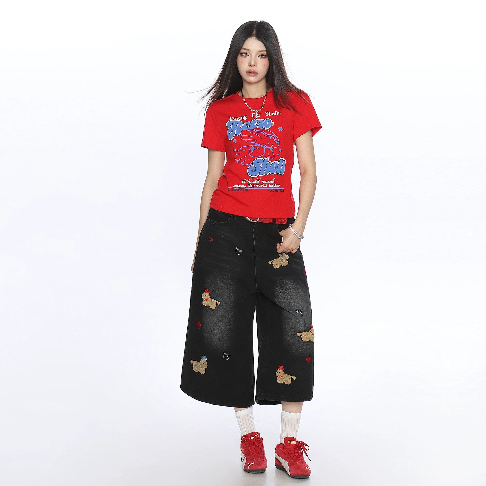 BIGGOLD American letter shell print shoulder short sleeved T-shirt for women's summer lazy style, slimming short top trend