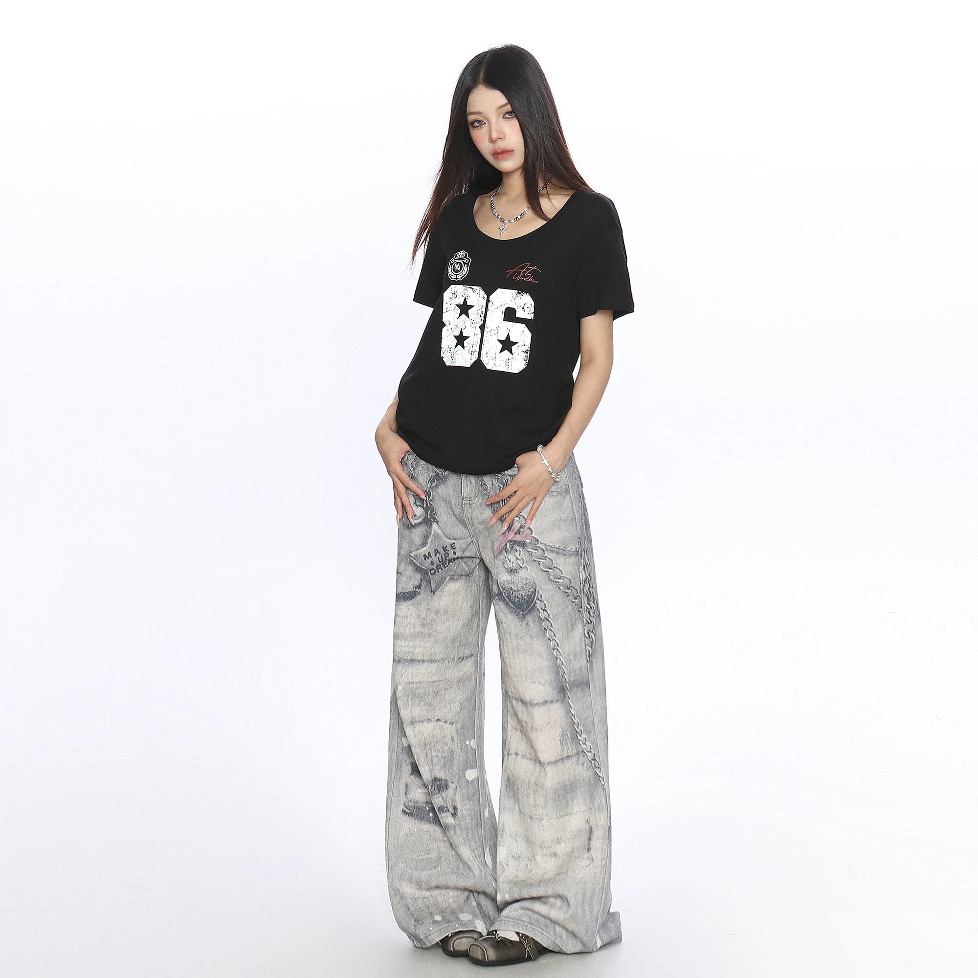 BIGGOLD spicy girl letter print U-neck shoulder short sleeved T-shirt for women in summer, lazy and casual, slimming top, trendy
