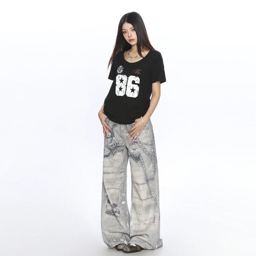 BIGGOLD spicy girl letter print U-neck shoulder short sleeved T-shirt for women in summer, lazy and casual, slimming top, trendy