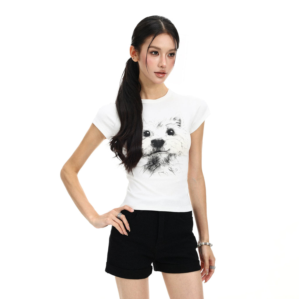BIGGOLD Fun Dog Printed Round Neck Short sleeved T-shirt for Women's Summer Casual Versatile Look Thin Shoulder Short Top