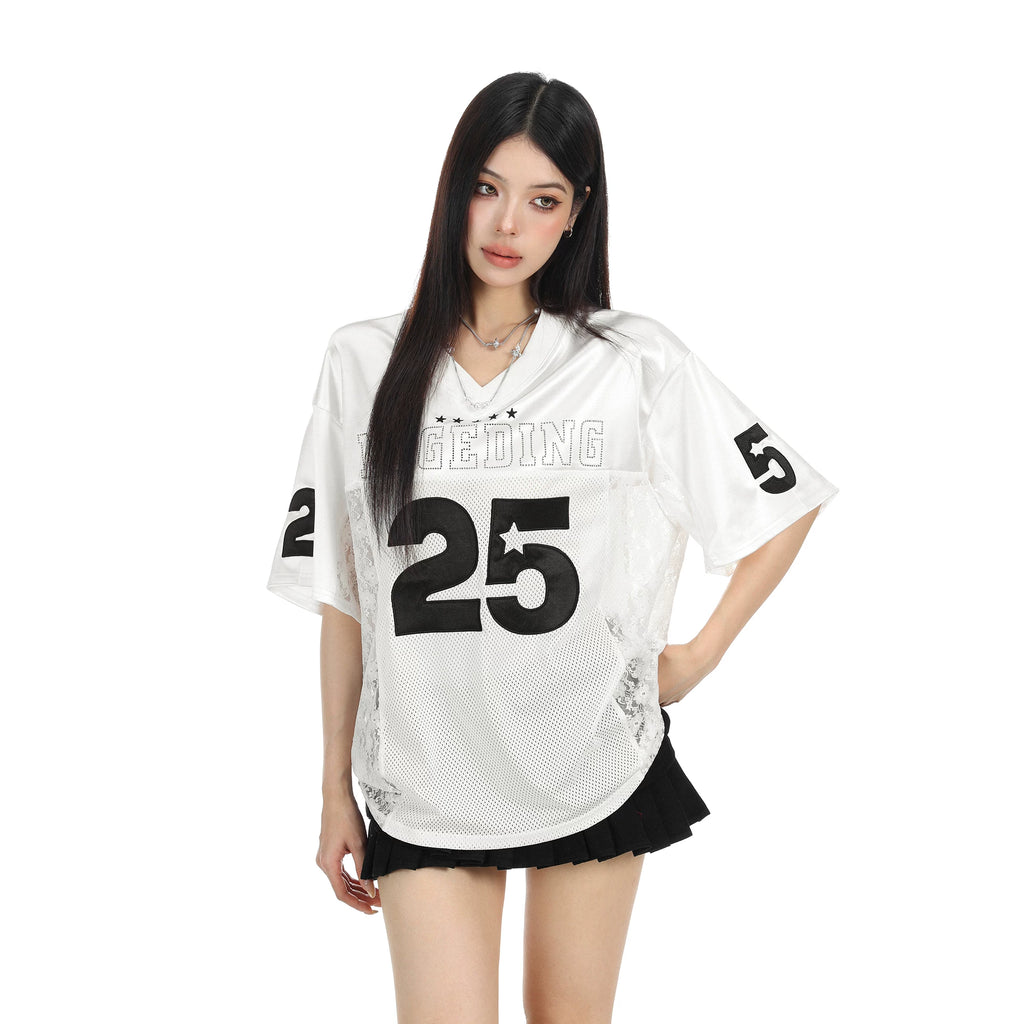 BIGGOLD Embroidered Lace Splicing Satin V-neck Short sleeved T-shirt for Women's Summer Sports Style, slimming jersey top ins