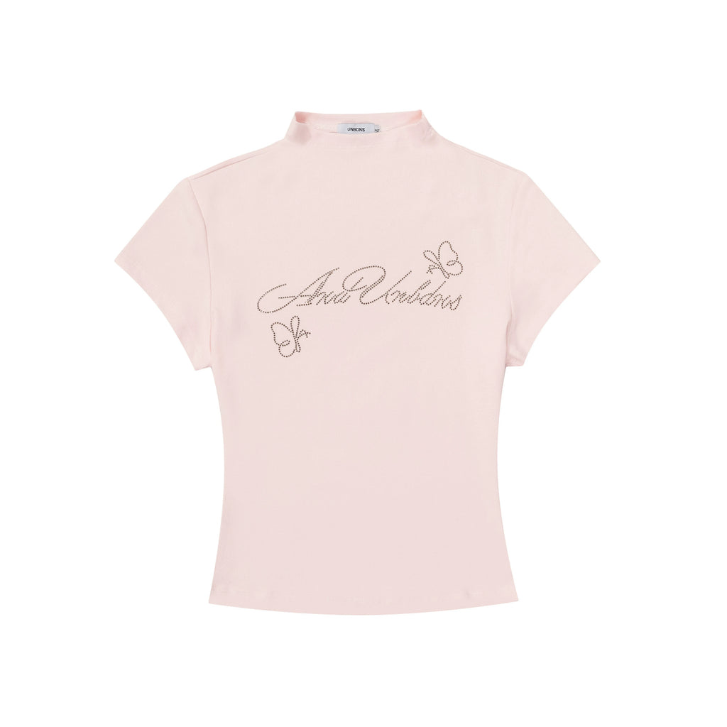 BIGGOLD American Hot Diamond Letter Half High Collar Shoulder Short sleeved T-shirt for Women's Summer Hot Girl, Shrinking Waist and Slimming Top Trendy