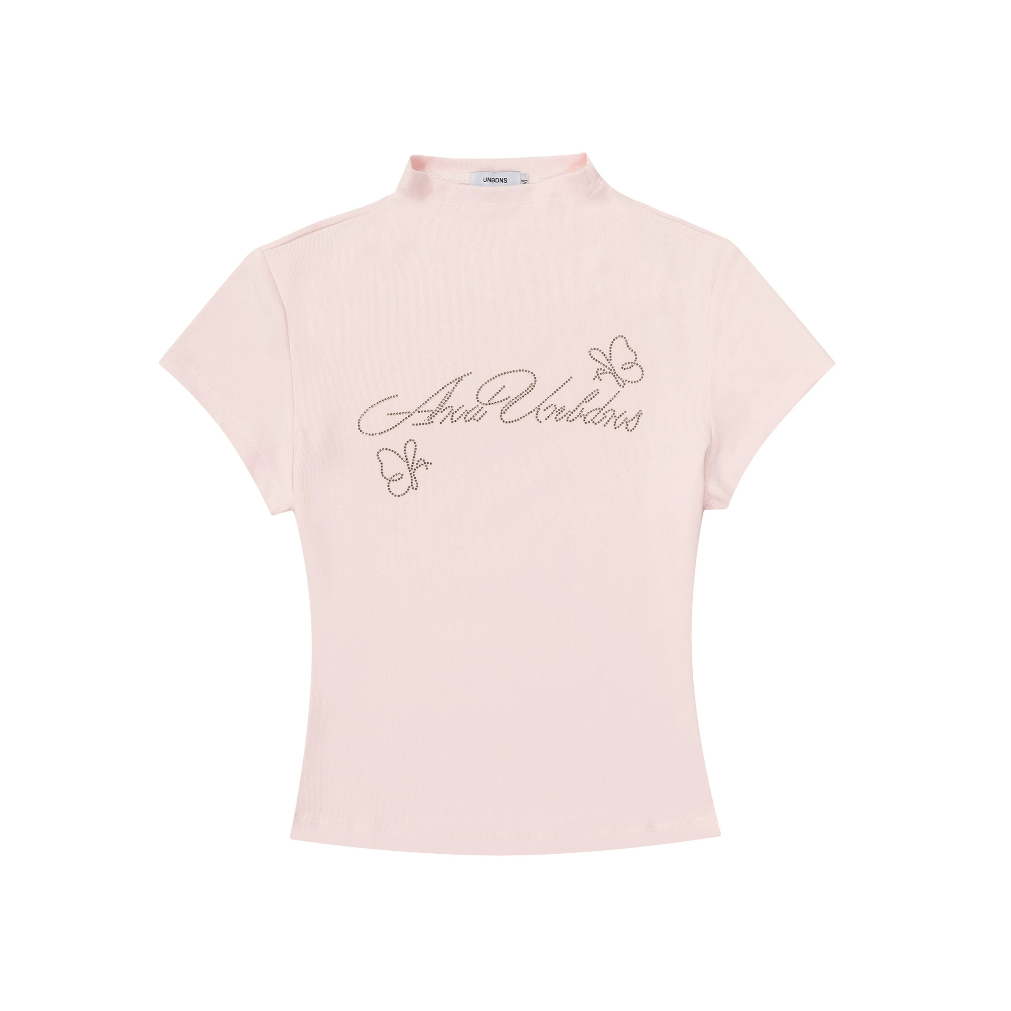 BIGGOLD American Hot Diamond Letter Half High Collar Shoulder Short sleeved T-shirt for Women's Summer Hot Girl, Shrinking Waist and Slimming Top Trendy