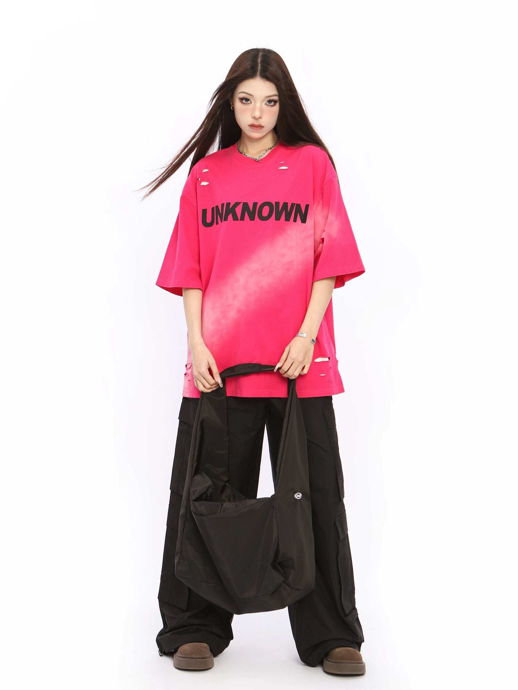 BIGGOLD American high street washed distressed short sleeved T-shirt for women's summer high-end feeling, rose red couple's top