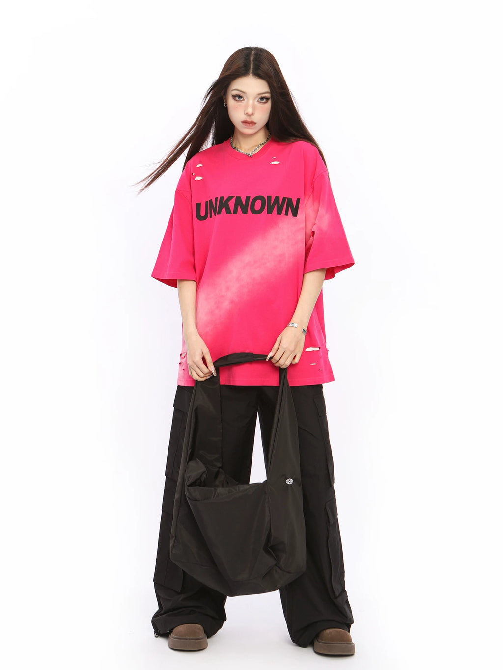 BIGGOLD American high street washed distressed short sleeved T-shirt for women's summer high-end feeling, rose red couple's top