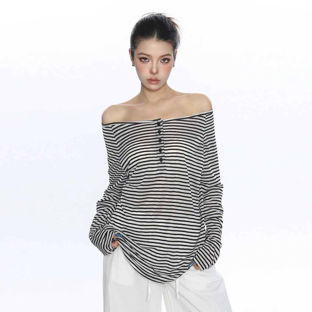 BIGGOLD contrasting pink striped button one shoulder long sleeved T-shirt for women's summer thin sun protection shirt top cover