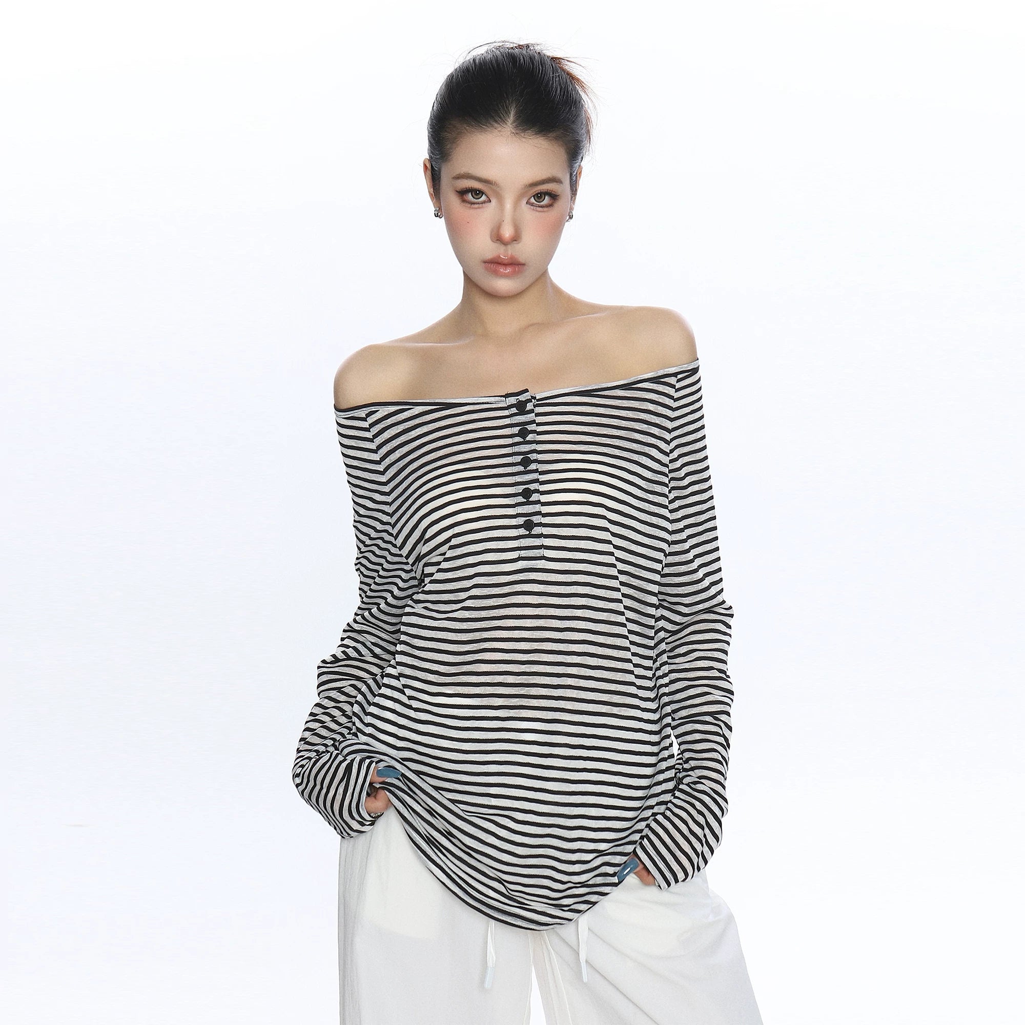 BIGGOLD contrasting pink striped button one shoulder long sleeved T-shirt for women's summer thin sun protection shirt top cover