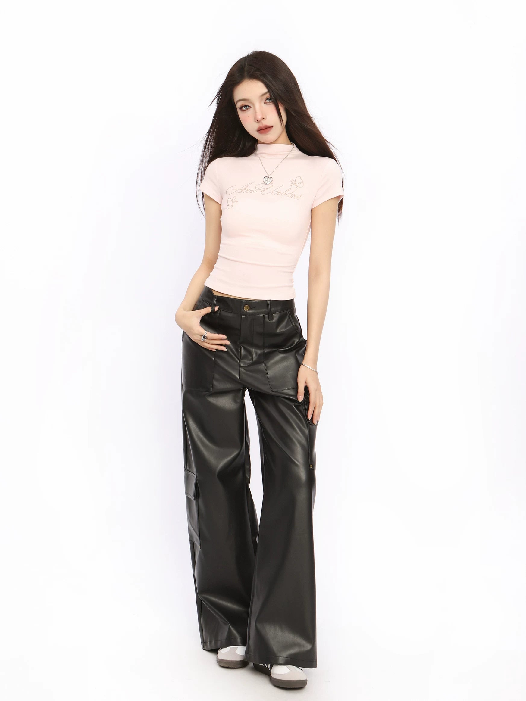 BIGGOLD American Hot Diamond Letter Half High Collar Shoulder Short sleeved T-shirt for Women's Summer Hot Girl, Shrinking Waist and Slimming Top Trendy
