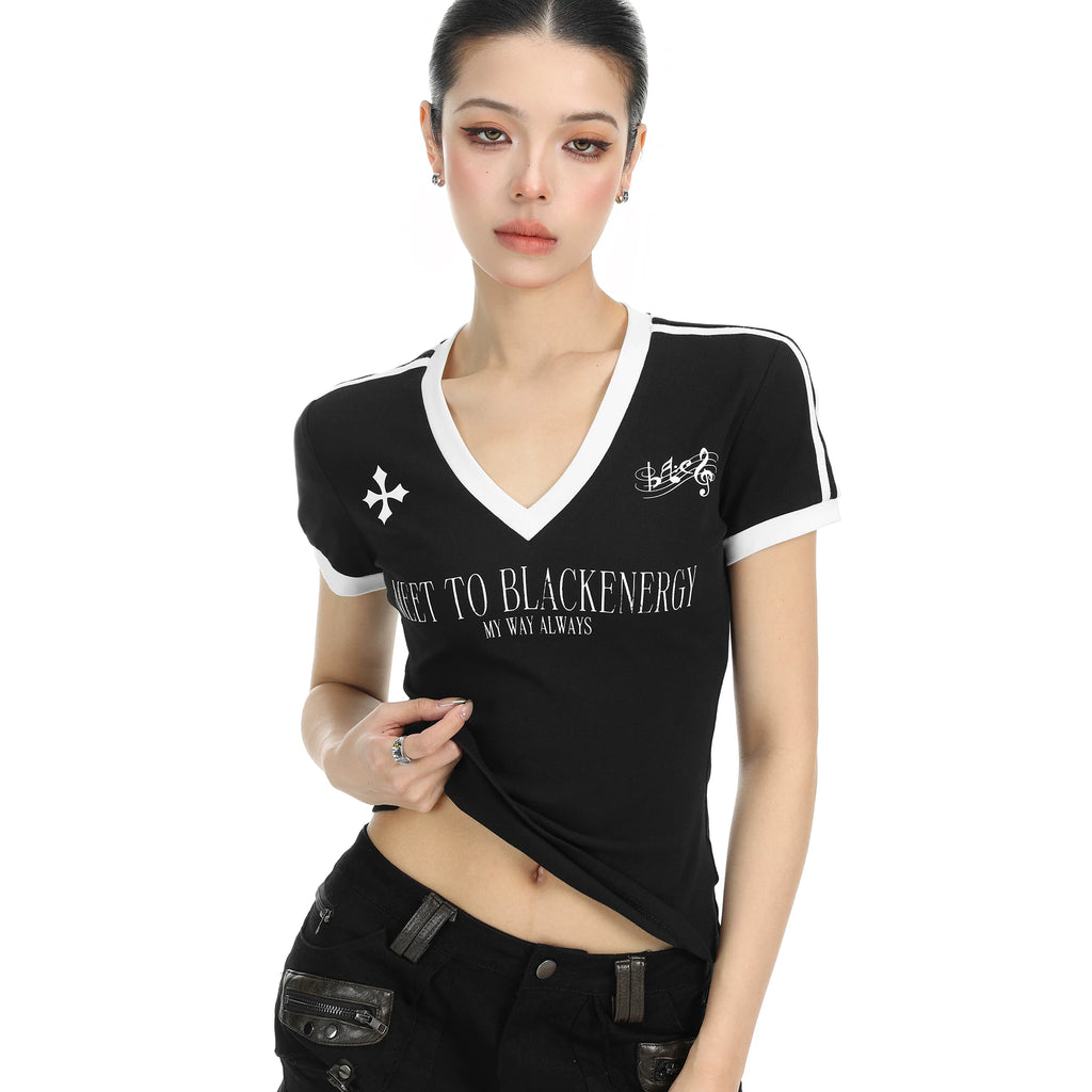 BIGGOLD American spicy girl contrasting letter print V-neck short sleeved T-shirt for women in summer, slim and waist hugging short jersey