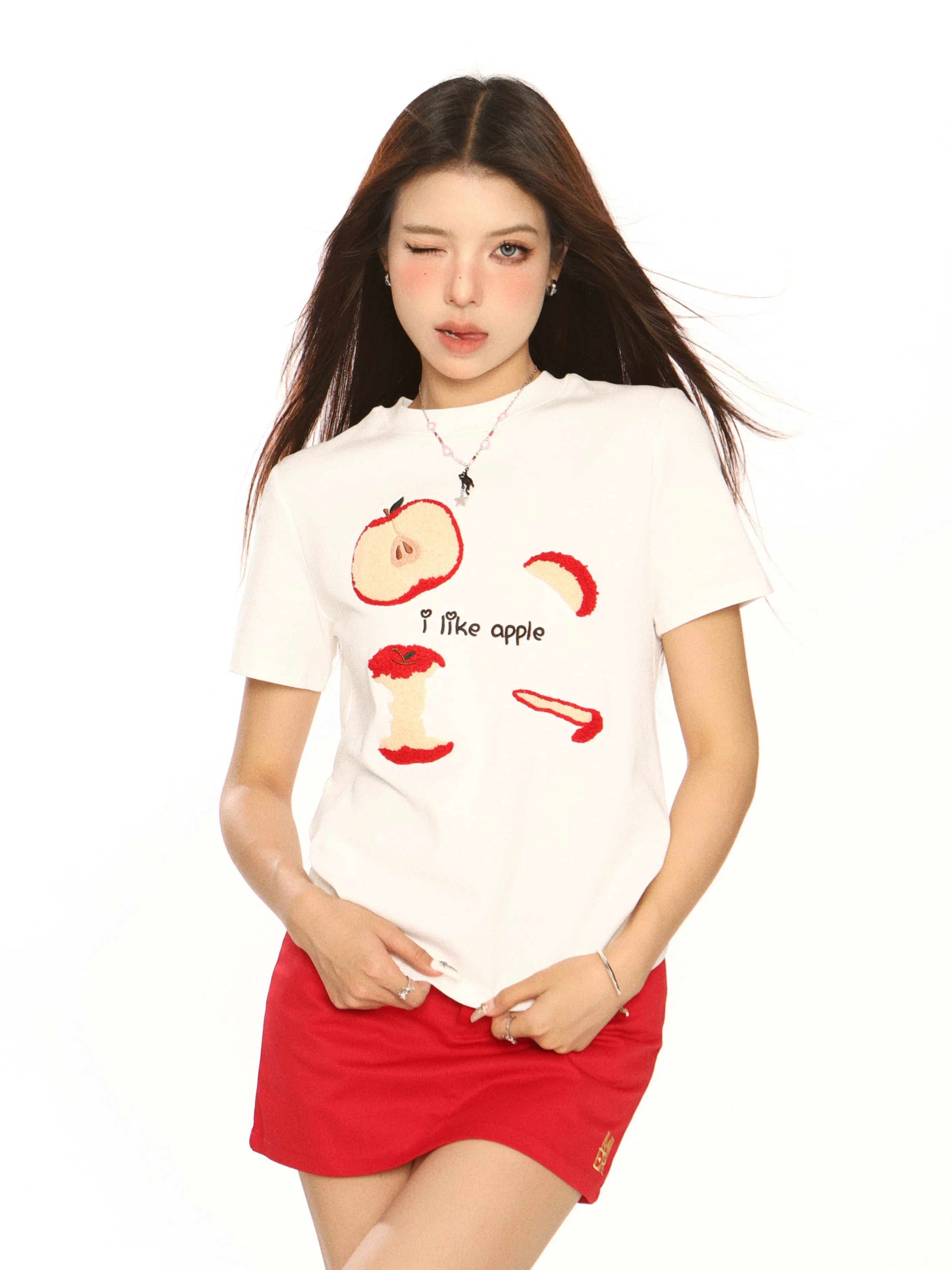 BIGGOLD Apple Towel Embroidered Short Sleeve T-shirt for Women, with a Small American Design, appears slim, white, spicy girl's shoulder top
