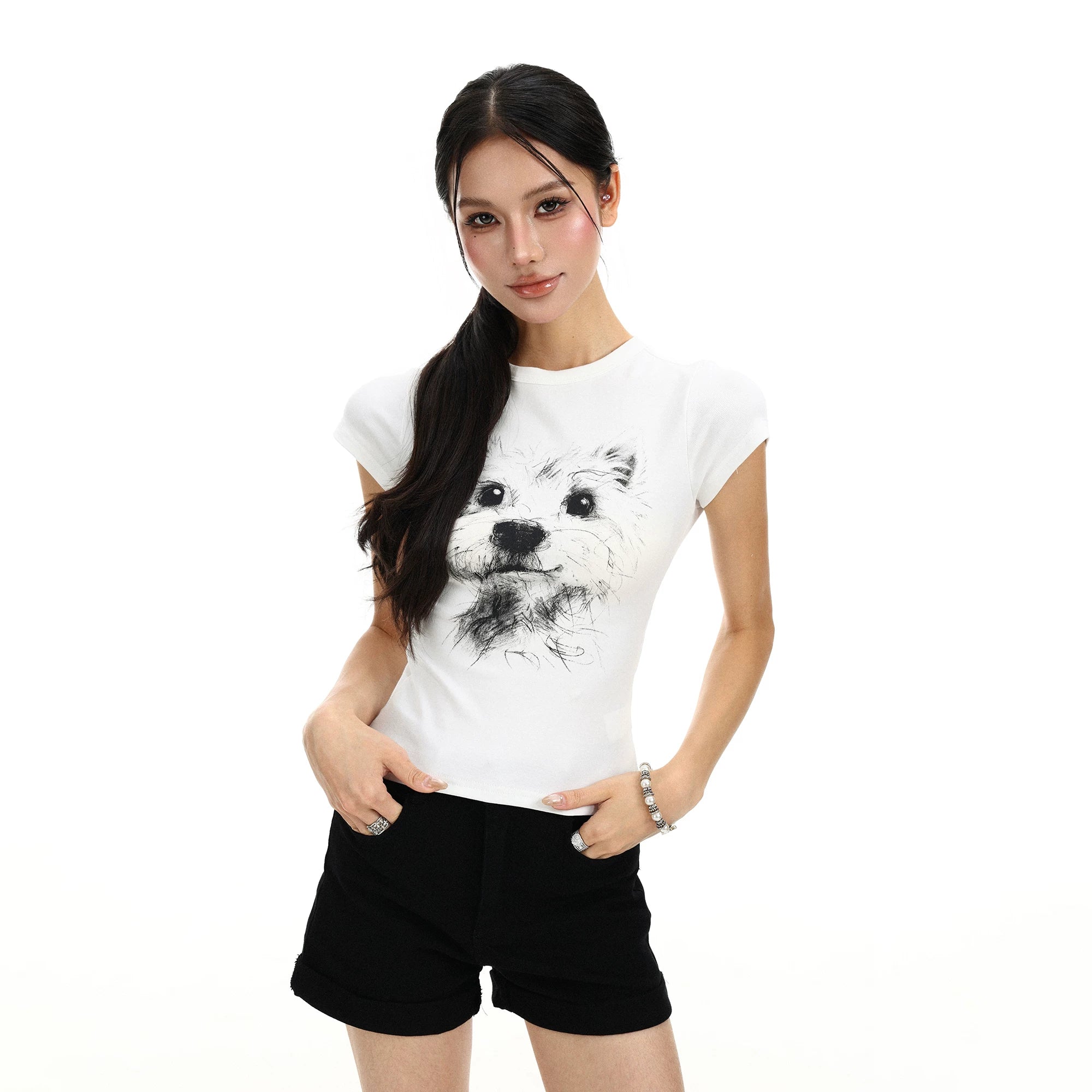BIGGOLD Fun Dog Printed Round Neck Short sleeved T-shirt for Women's Summer Casual Versatile Look Thin Shoulder Short Top