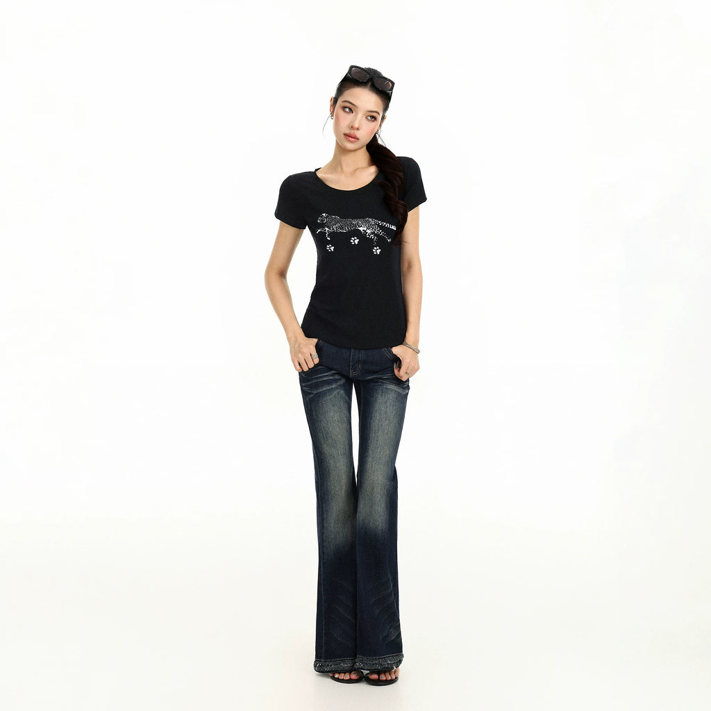 BIGGOLD Leopaard printed shoulder short sleeved T-shirt for women's summer hot girl casual slimming versatile short top