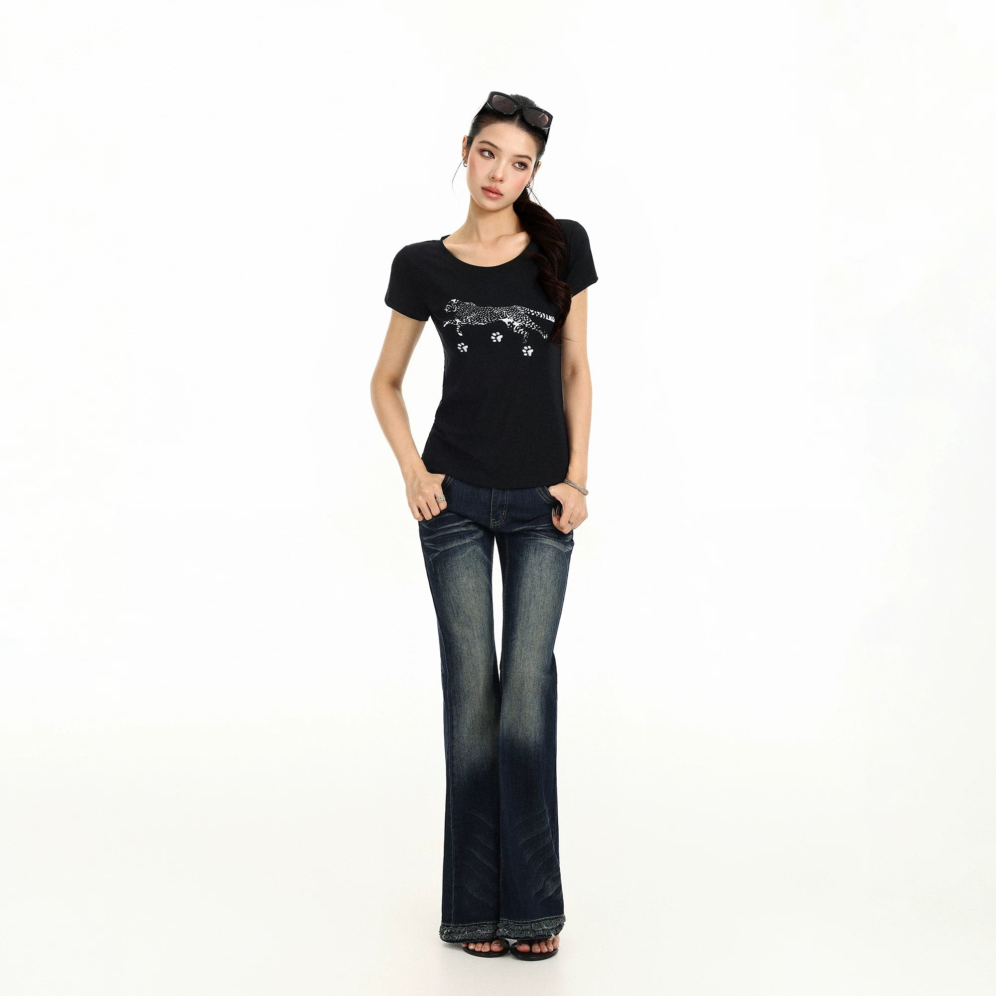 BIGGOLD Leopaard printed shoulder short sleeved T-shirt for women's summer hot girl casual slimming versatile short top