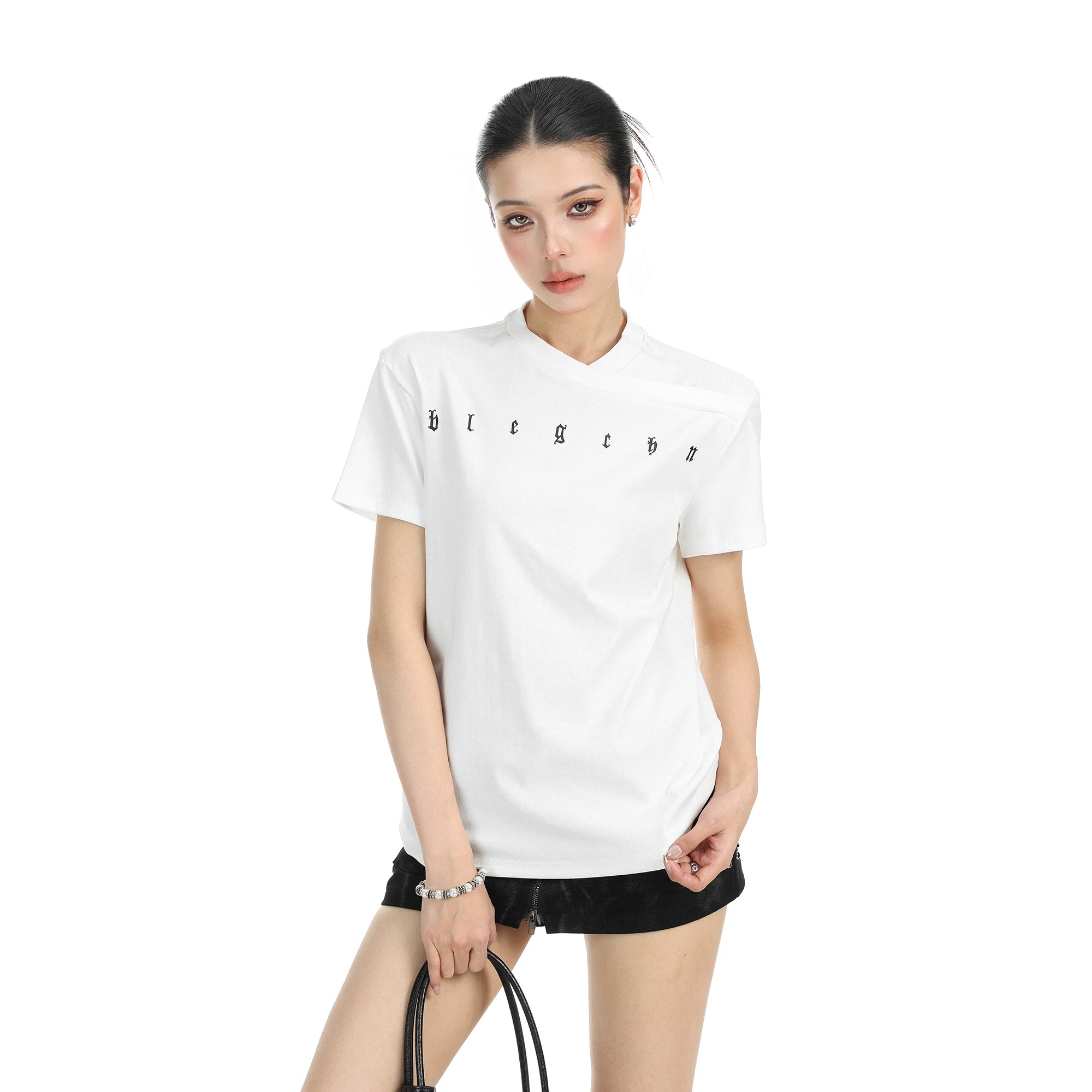 BIGGOLD American deconstruction splicing letter print shoulder short sleeved T-shirt for women's summer loose casual short top