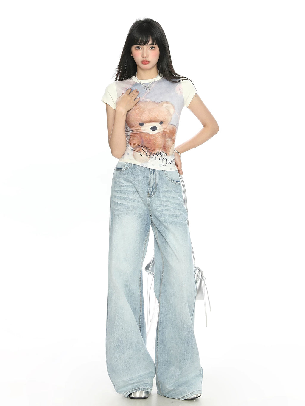 BIGGOLD American Sweet Cool Bear Printed Shoulder Short sleeved T-shirt for Women's Summer Spicy Girl, slim fit and slimming short top
