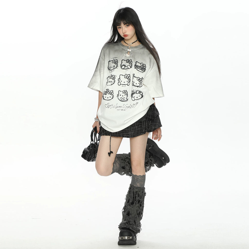 BIGGOLD sweet cool y2k gradient Hello Kitty short-sleeved T-shirt female summer hot girl half-sleeve slim shoulder top trend