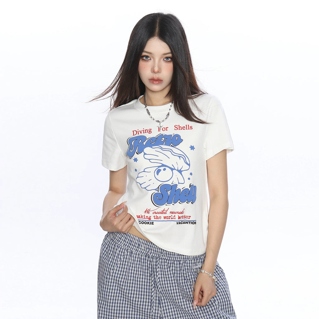 BIGGOLD American letter shell print shoulder short sleeved T-shirt for women's summer lazy style, slimming short top trend