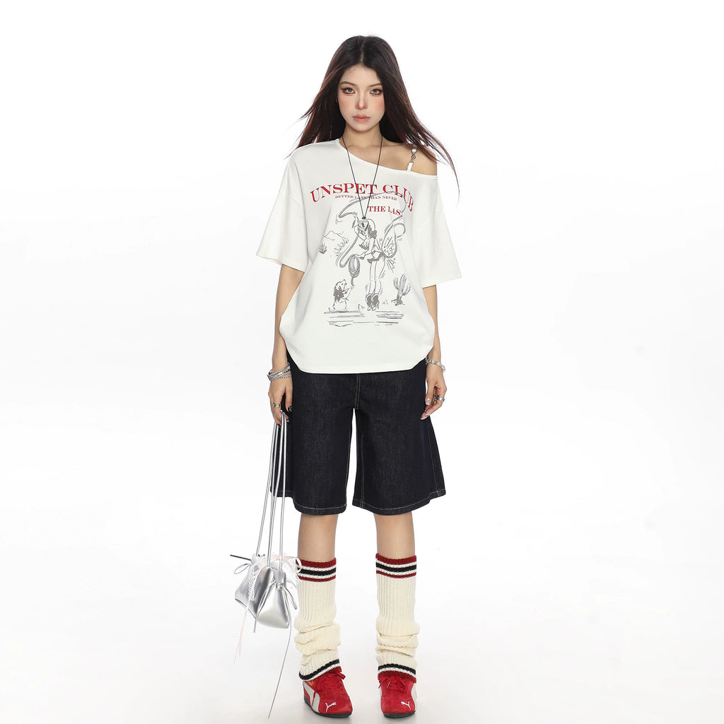 BIGGOLD Korean Style Graffiti Shoulder Strap Short Sleeve T-shirt Women's Summer Lazy Style Loose Casual Top Trendy
