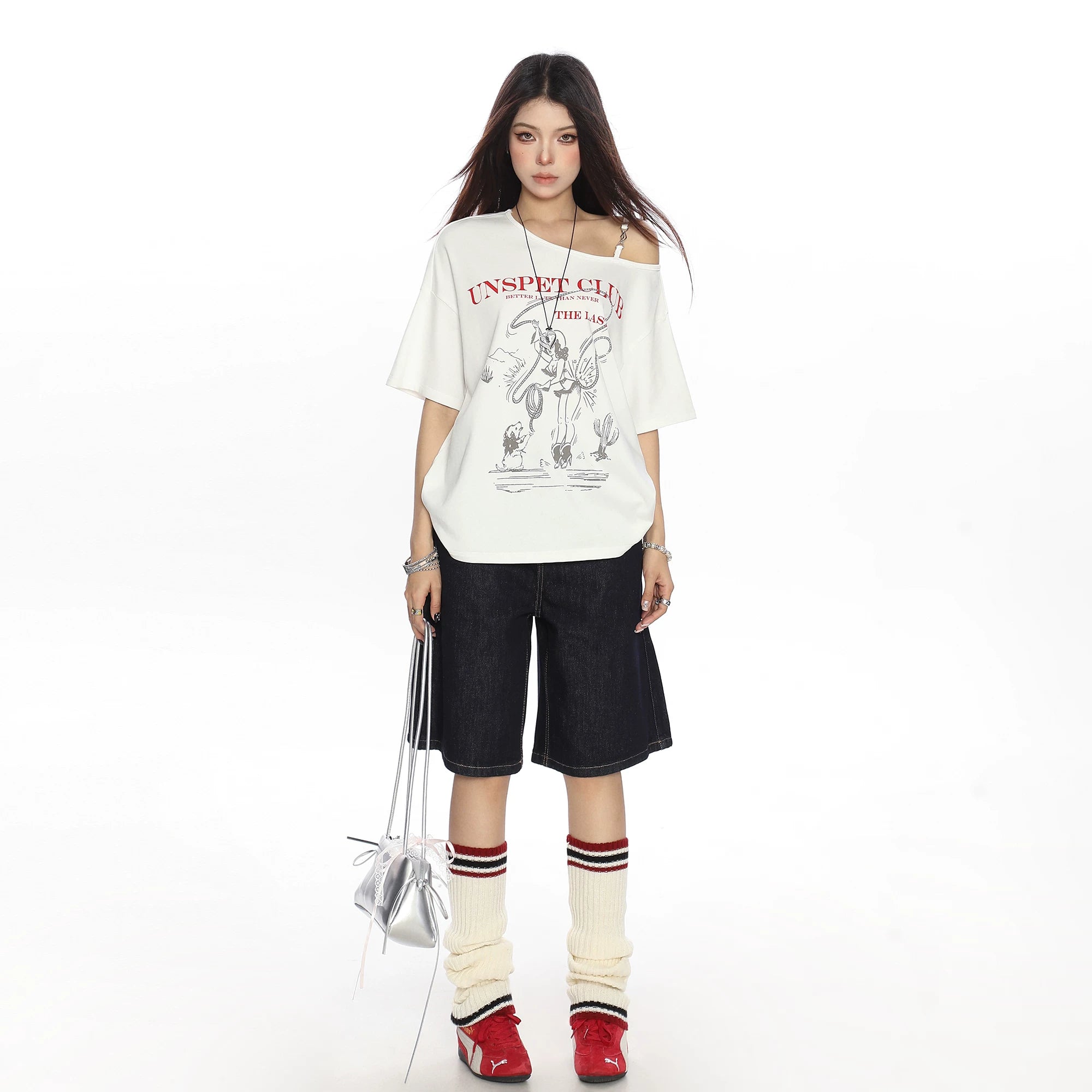 BIGGOLD Korean Style Graffiti Shoulder Strap Short Sleeve T-shirt Women's Summer Lazy Style Loose Casual Top Trendy