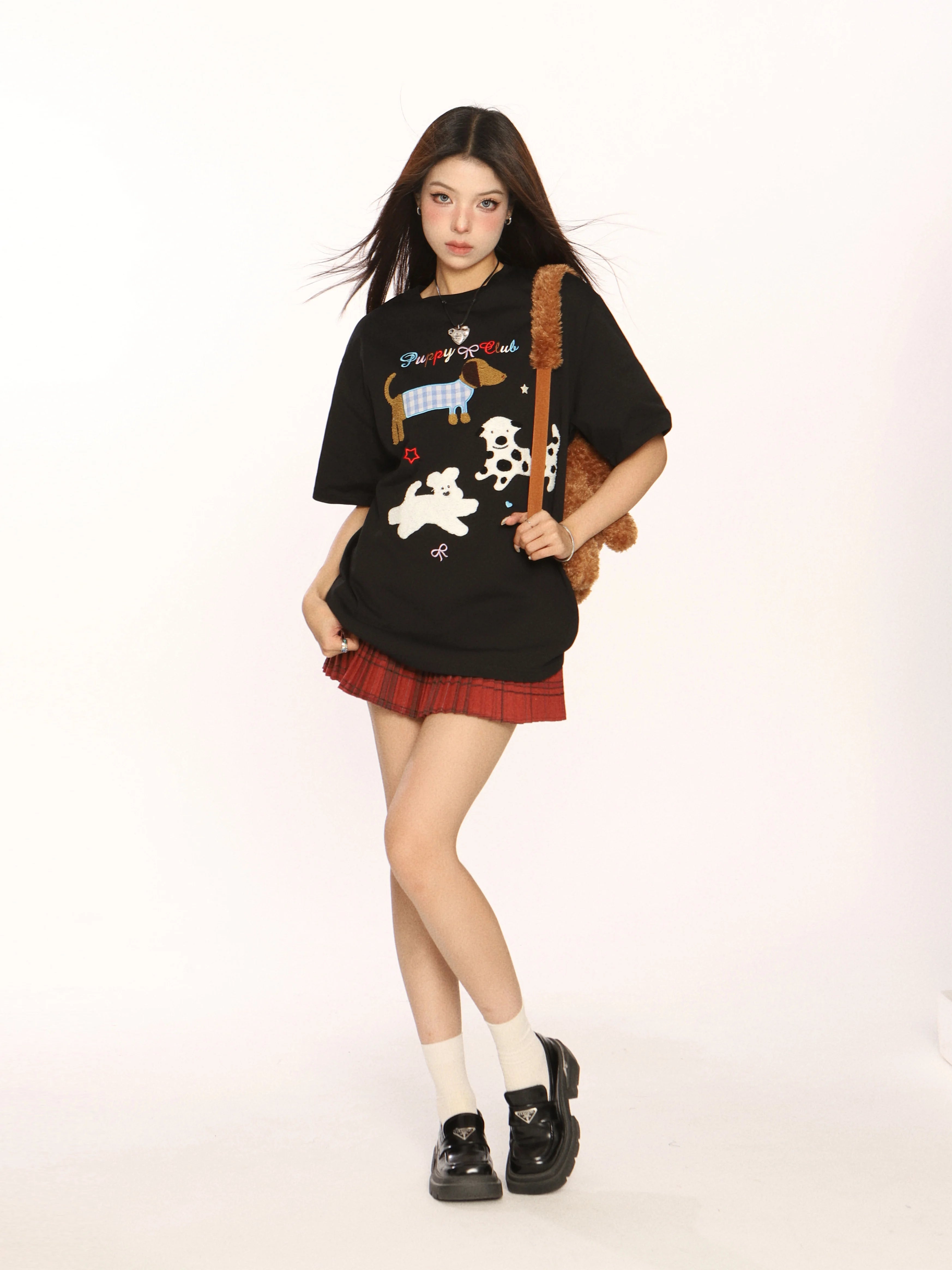 BIGGOLD Sweet and Spicy Cute Dog Towel Embroidered Short Sleeve Half Sleeve Loose Sausage Dog Couple Top Summer T-shirt for Women