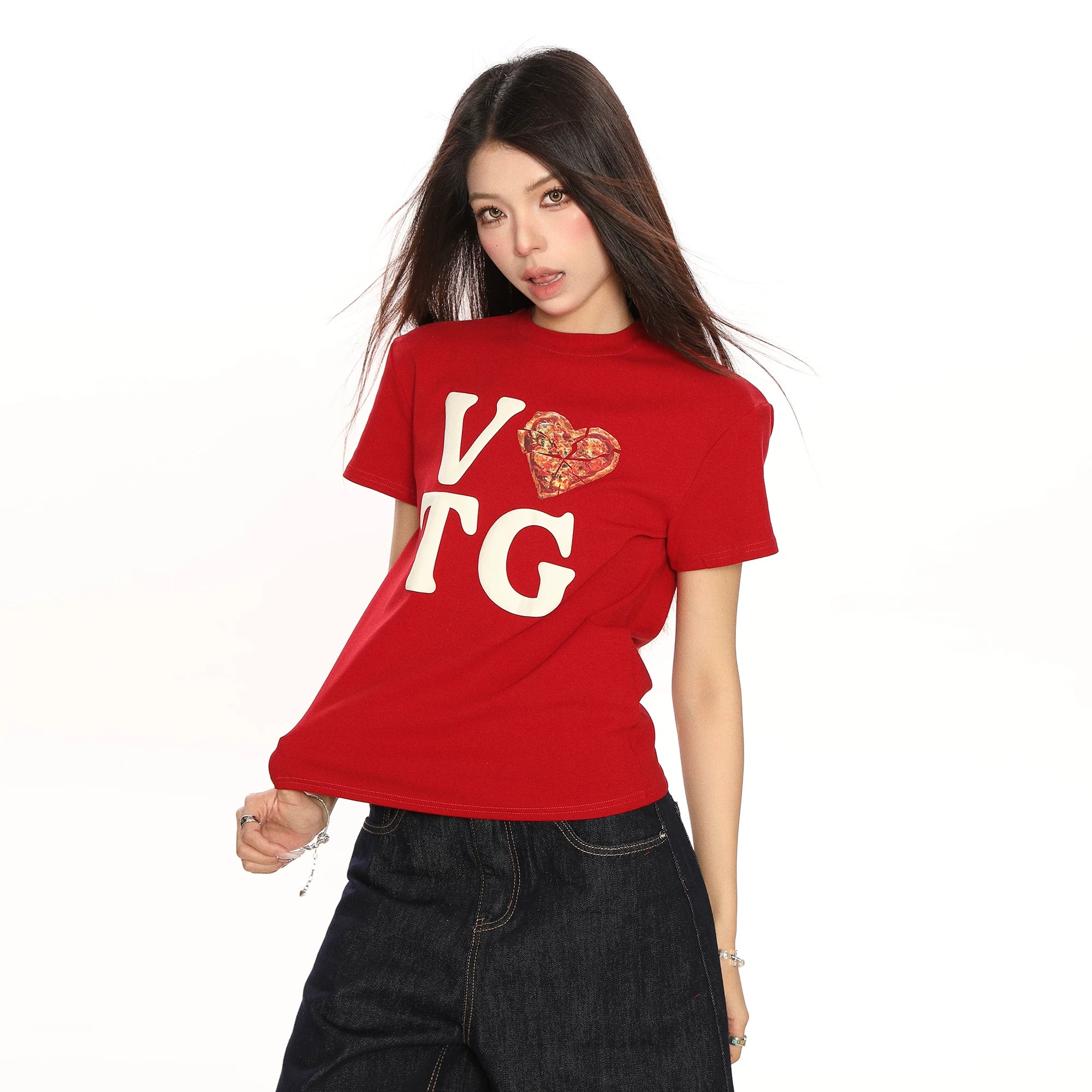 BIGGOLD American Love Letter Printed Shoulder Short sleeved T-shirt for Women's Summer Hot Girl Casual Versatile Short Top