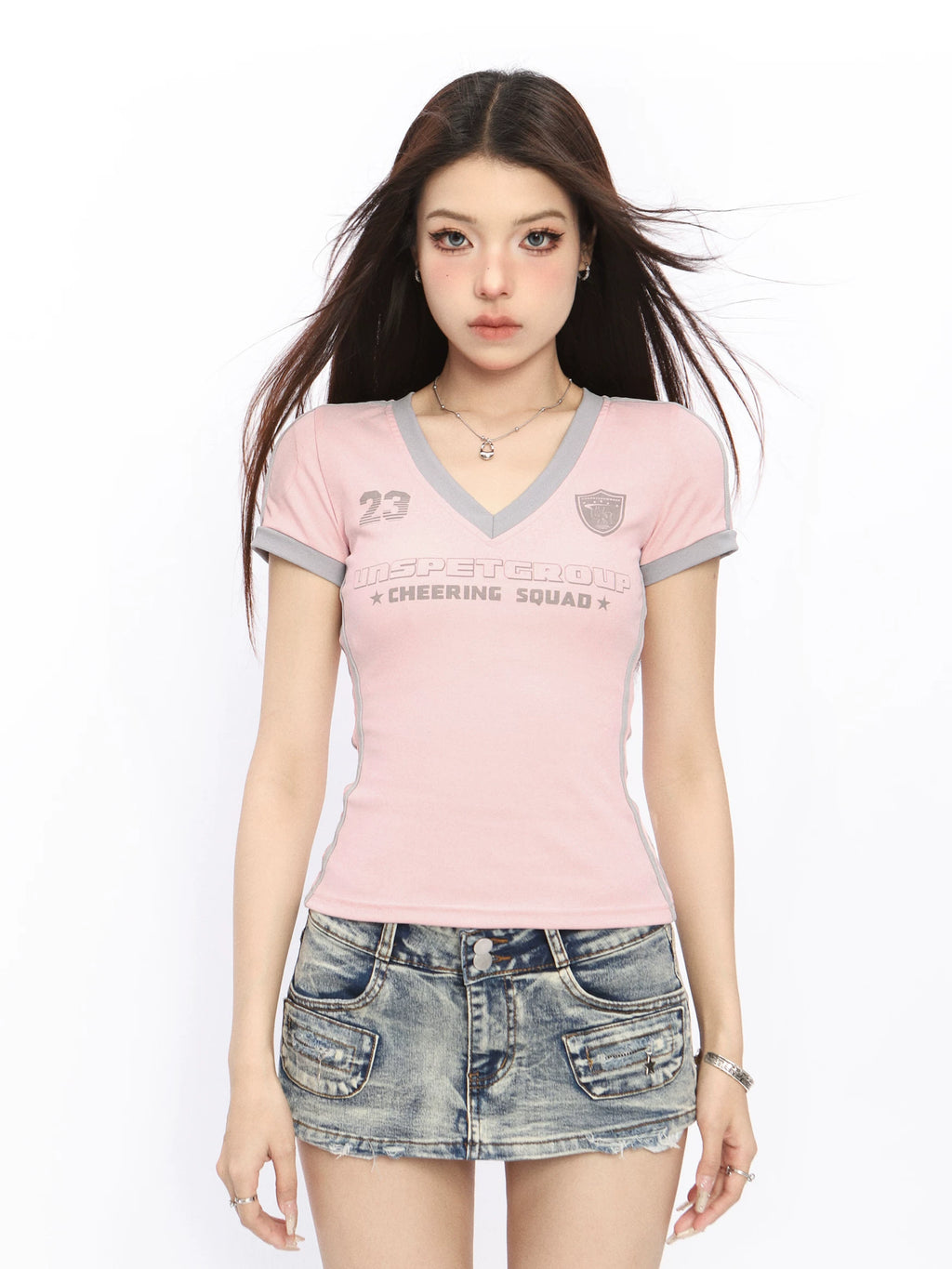 BIGGOLD pink yk raglan short sleeved t-shirt women's jersey spicy girl slim fit American summer V-neck shoulder top