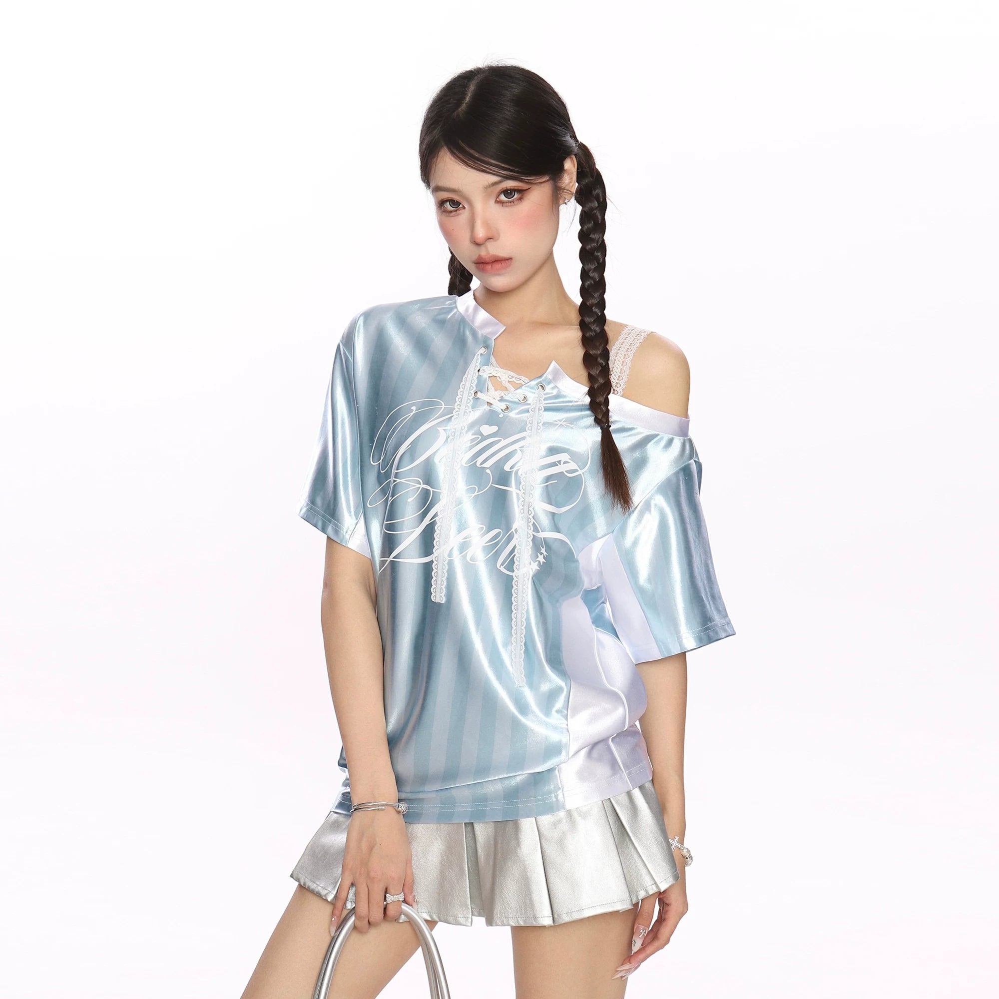 2025 Summer Lace Shoulder Strap T-shirt for slimming, striped short sleeved top, women's loose fit design