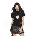 BIGGOLD American style small apple embroidery straight shoulder short-sleeved T-shirt for women in summer lazy style casual versatile slim top