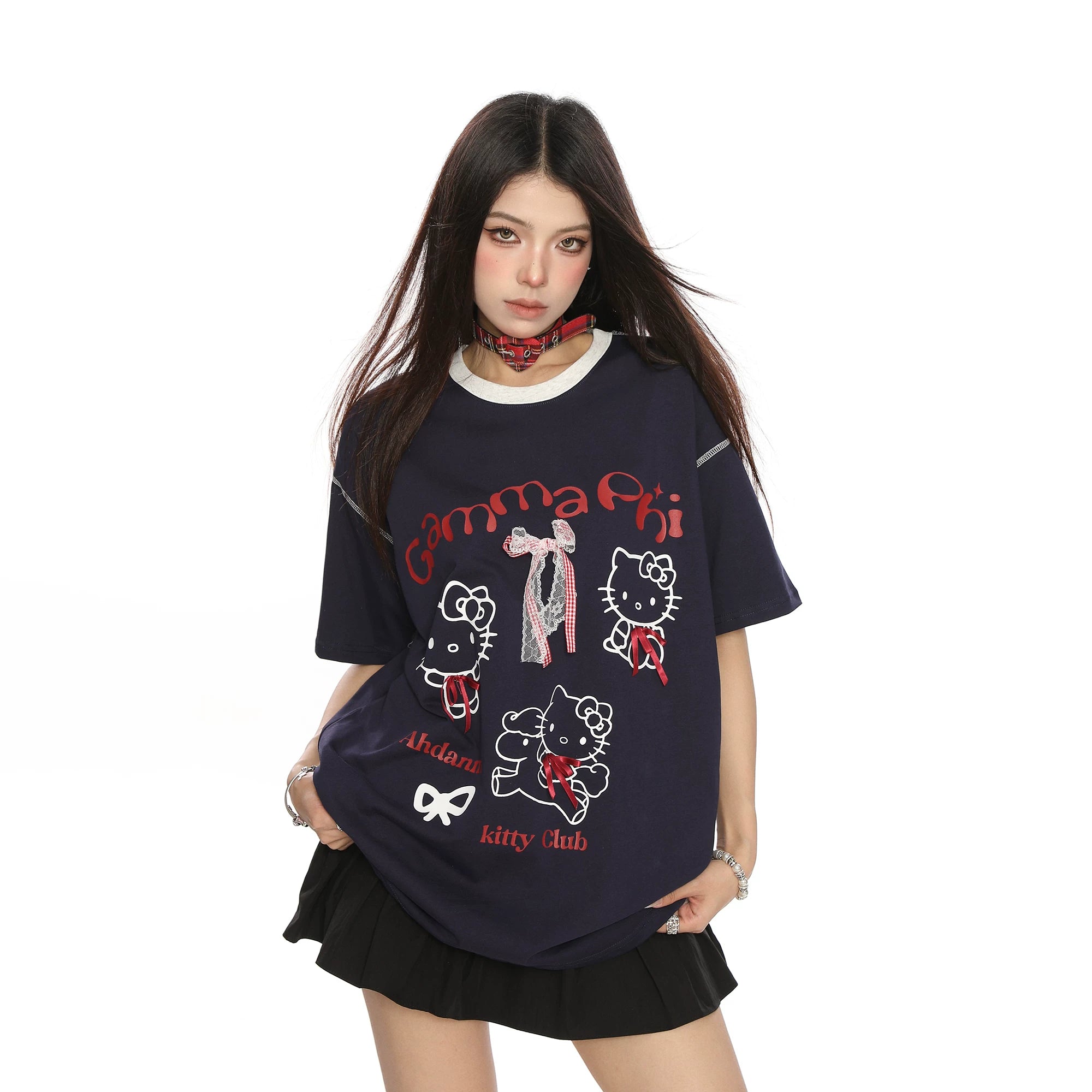 BIGGOLD Sweet Girl Katie Cat Lace Color blocked Short Sleeve T-shirt for Women's Summer Lazy Style Casual Loose Half Sleeve Top