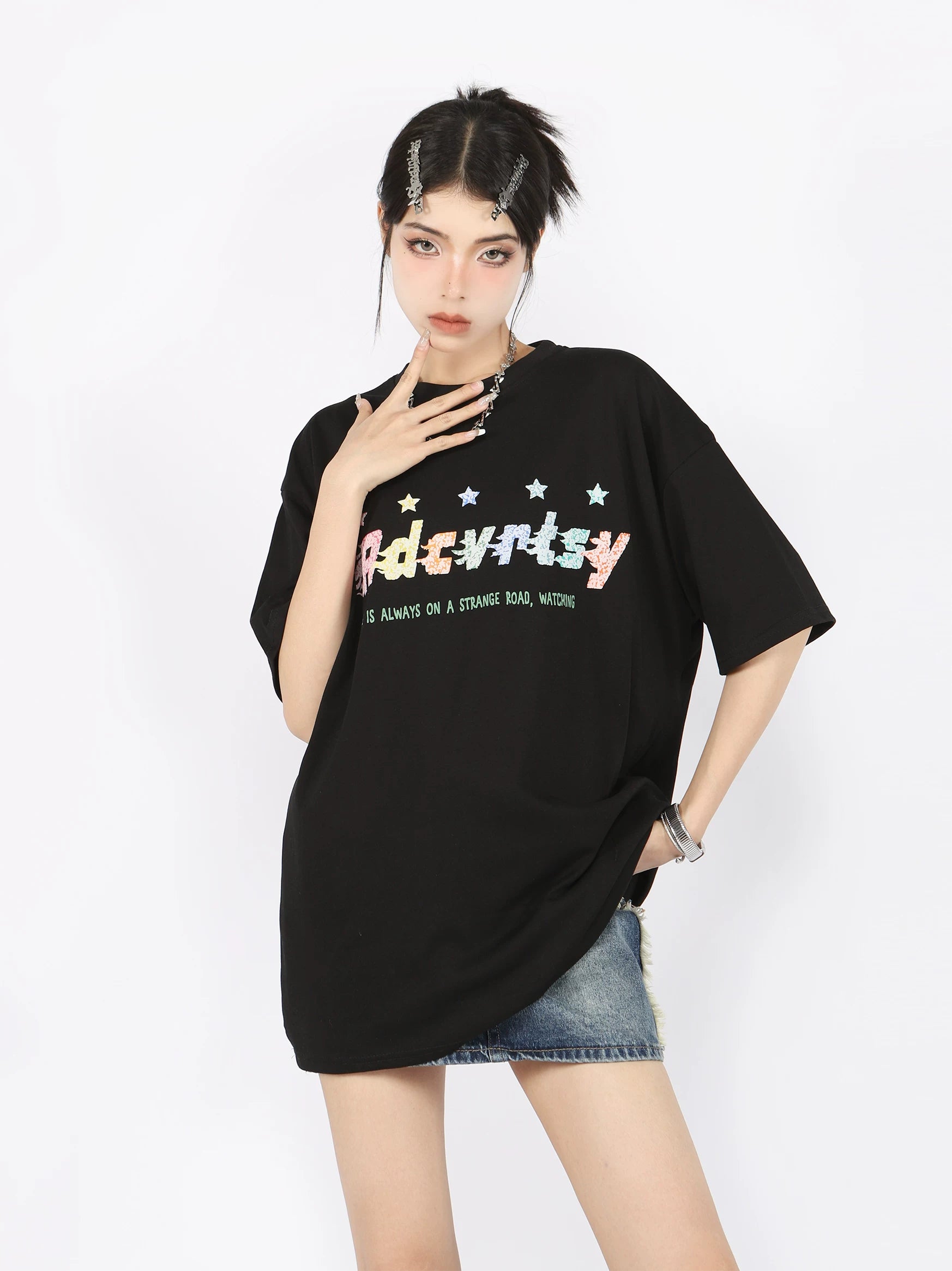 BIGGOLD American Retro Graffiti Star Short Sleeve T-shirt for Female Couple Half Sleeve Summer Unique Unique Unique Top