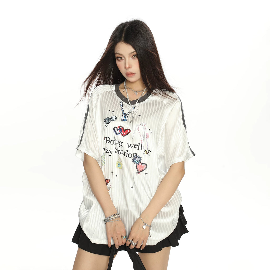 BIGGOLD Zephyr Striped Graffiti Bar Short Sleeve T-shirt for Women Summer Sweet Cool Sports Style Unique Loose Top