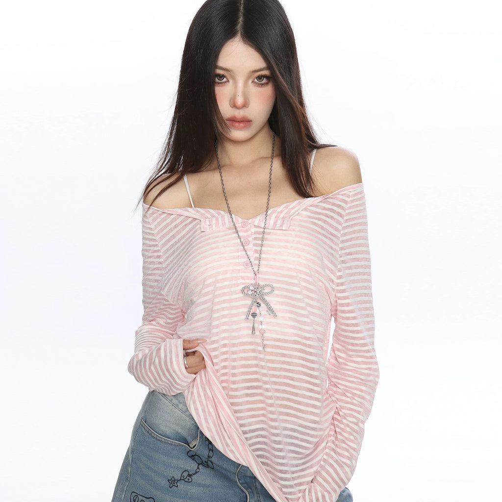 BIGGOLD contrasting pink striped button one shoulder long sleeved T-shirt for women's summer thin sun protection shirt top cover