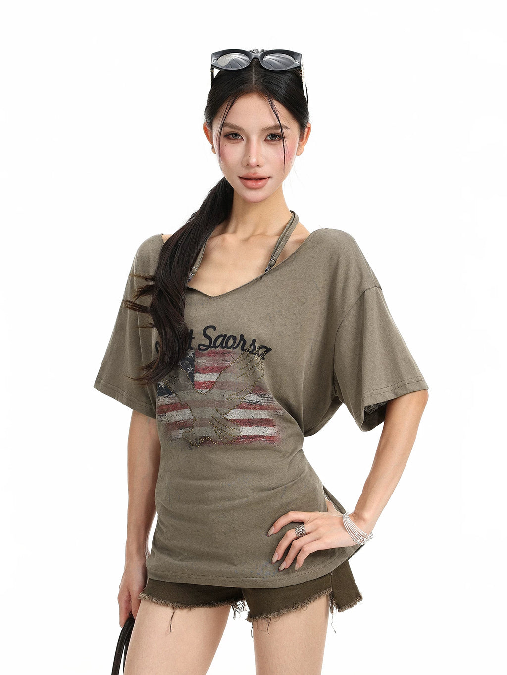 BIGGOLD American style vintage printed neck hanging short sleeved T-shirt for women in summer with rivet design and back strap for slimming effect