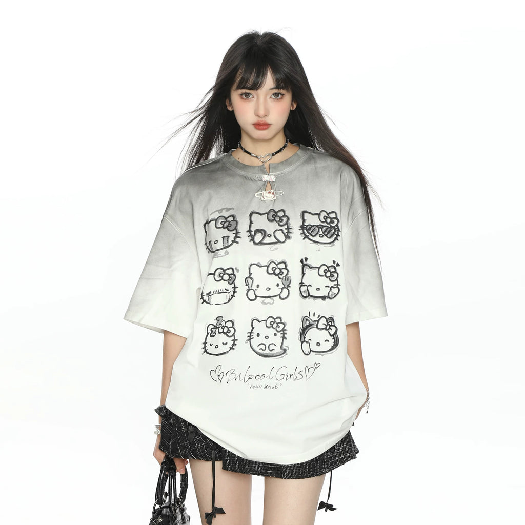 BIGGOLD sweet cool y2k gradient Hello Kitty short-sleeved T-shirt female summer hot girl half-sleeve slim shoulder top trend