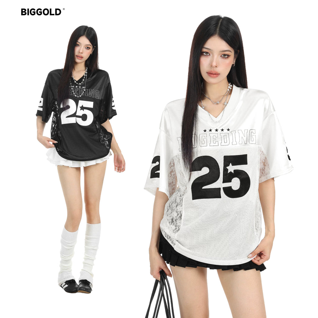 BIGGOLD Embroidered Lace Splicing Satin V-neck Short sleeved T-shirt for Women's Summer Sports Style, slimming jersey top ins