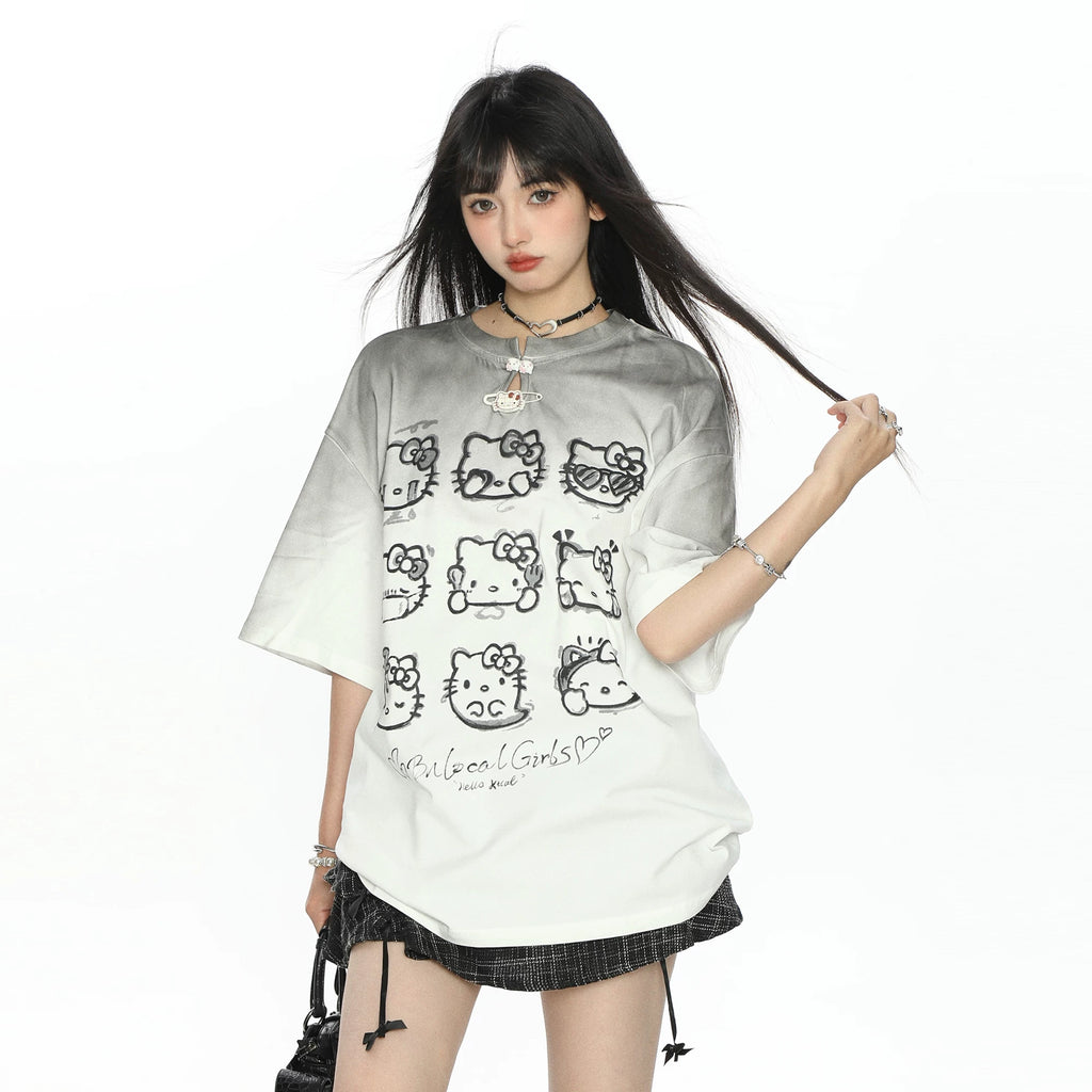 BIGGOLD sweet cool y2k gradient Hello Kitty short-sleeved T-shirt female summer hot girl half-sleeve slim shoulder top trend