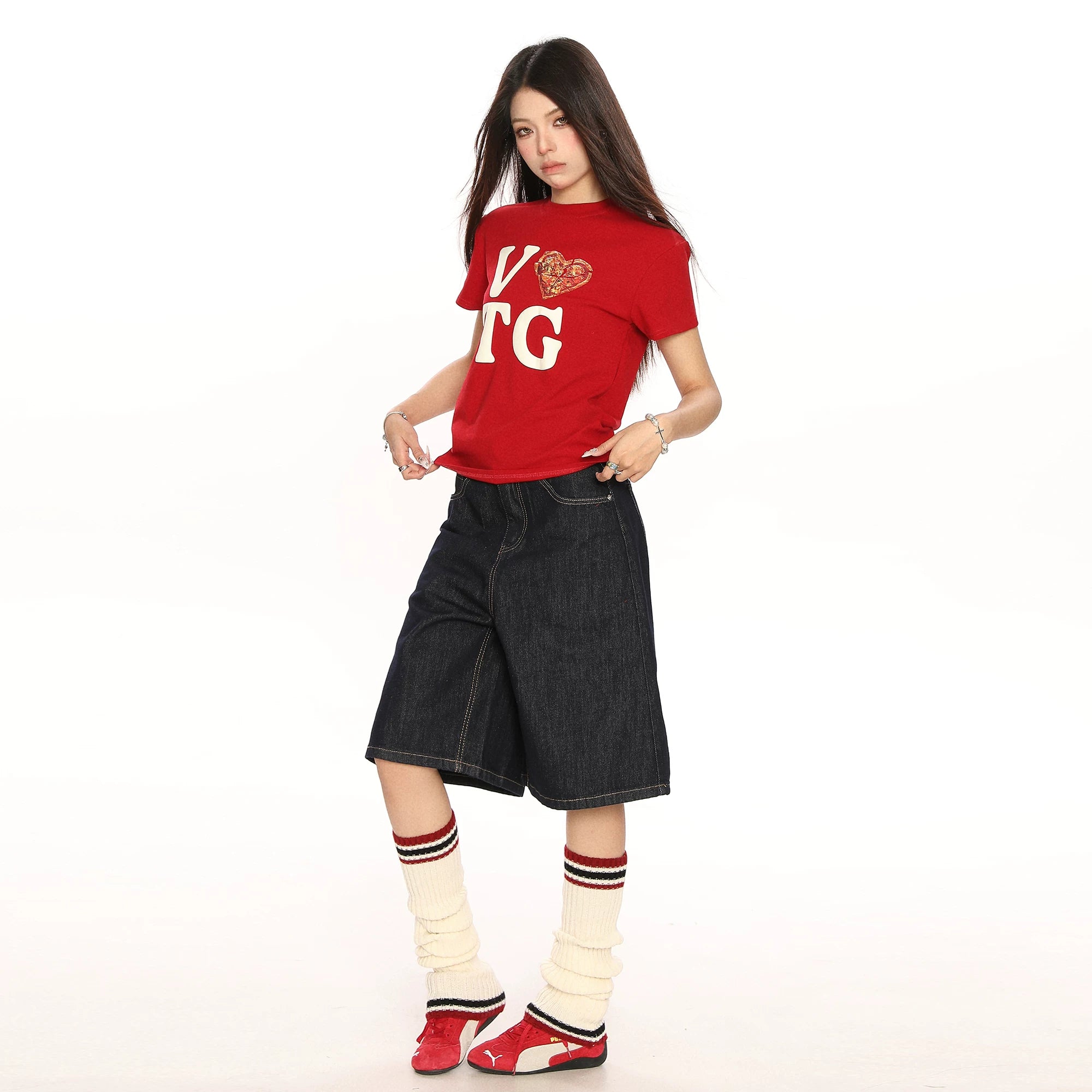 BIGGOLD American Love Letter Printed Shoulder Short sleeved T-shirt for Women's Summer Hot Girl Casual Versatile Short Top