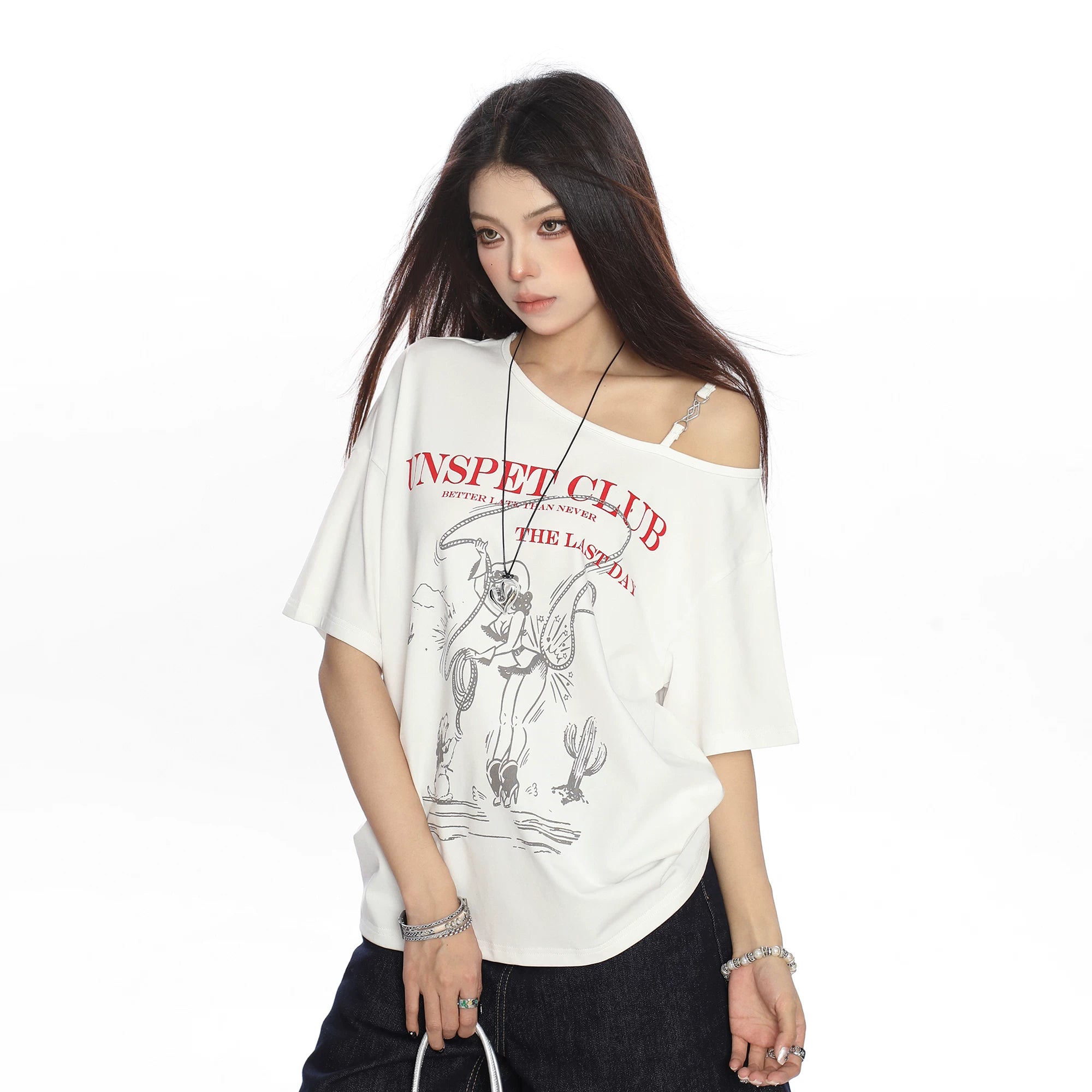 BIGGOLD Korean Style Graffiti Shoulder Strap Short Sleeve T-shirt Women's Summer Lazy Style Loose Casual Top Trendy