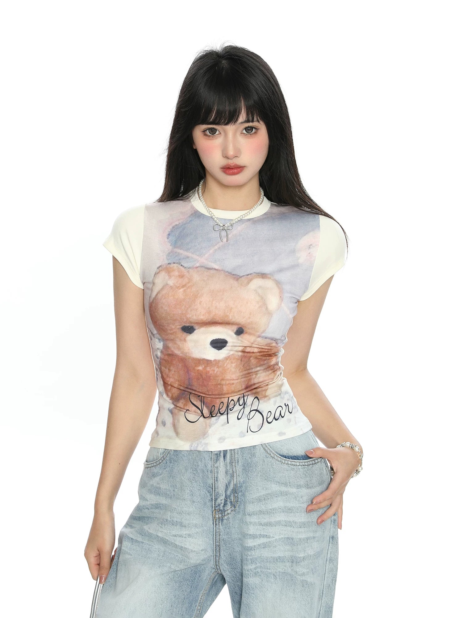 BIGGOLD American Sweet Cool Bear Printed Shoulder Short sleeved T-shirt for Women's Summer Spicy Girl, slim fit and slimming short top
