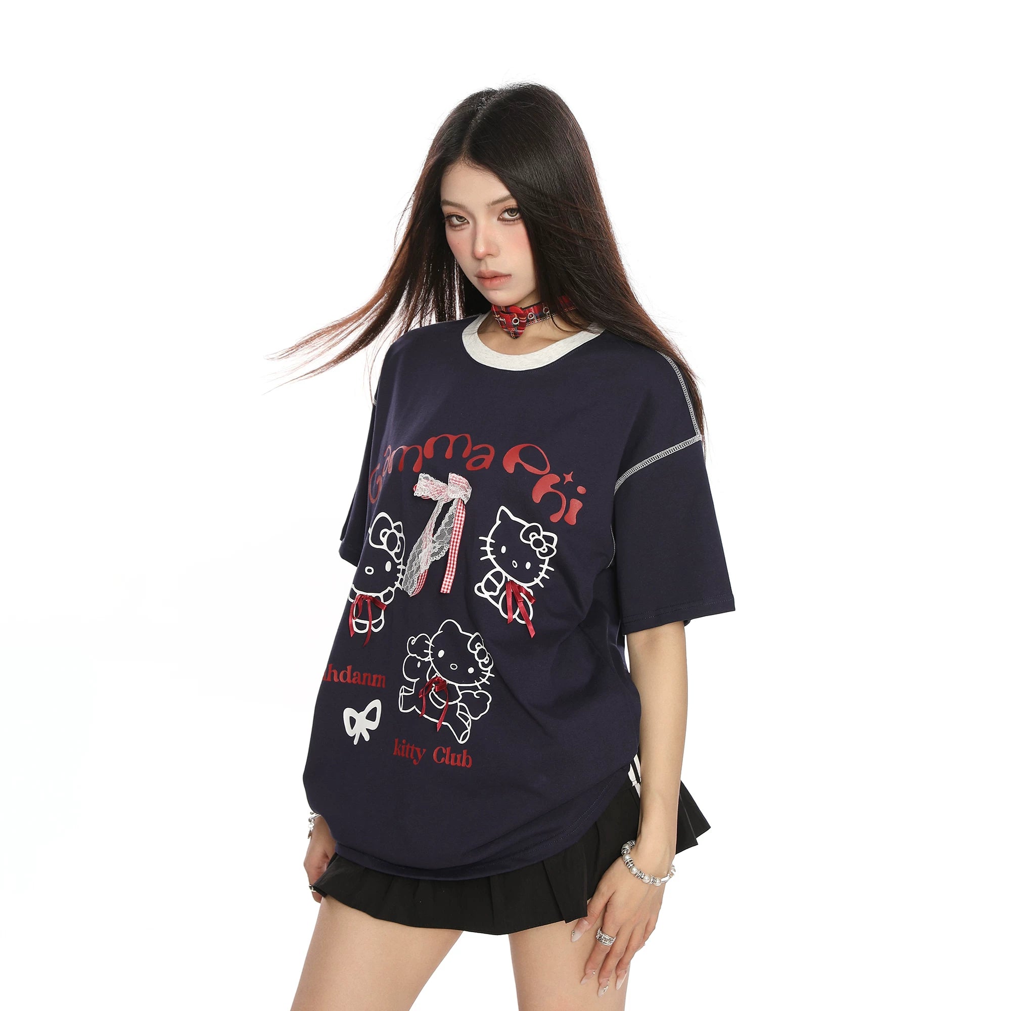 BIGGOLD Sweet Girl Katie Cat Lace Color blocked Short Sleeve T-shirt for Women's Summer Lazy Style Casual Loose Half Sleeve Top