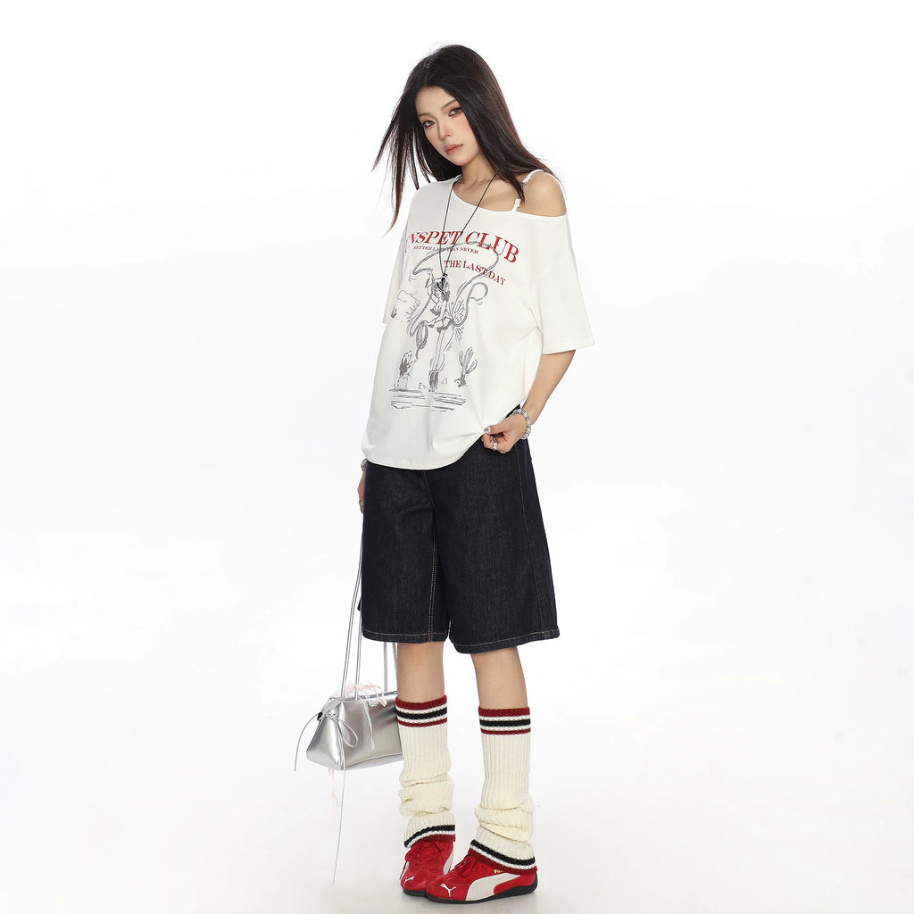 BIGGOLD Korean Style Graffiti Shoulder Strap Short Sleeve T-shirt Women's Summer Lazy Style Loose Casual Top Trendy