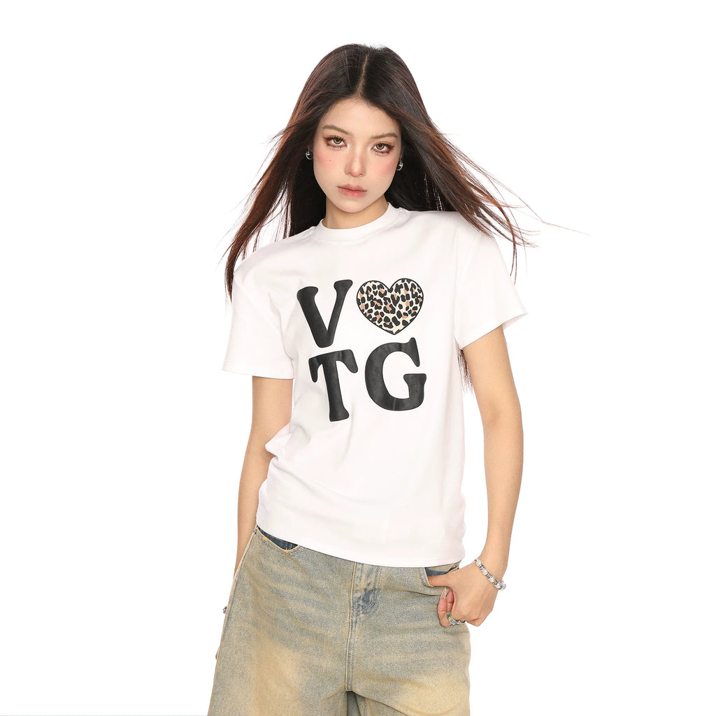 BIGGOLD American Love Letter Printed Shoulder Short sleeved T-shirt for Women's Summer Hot Girl Casual Versatile Short Top