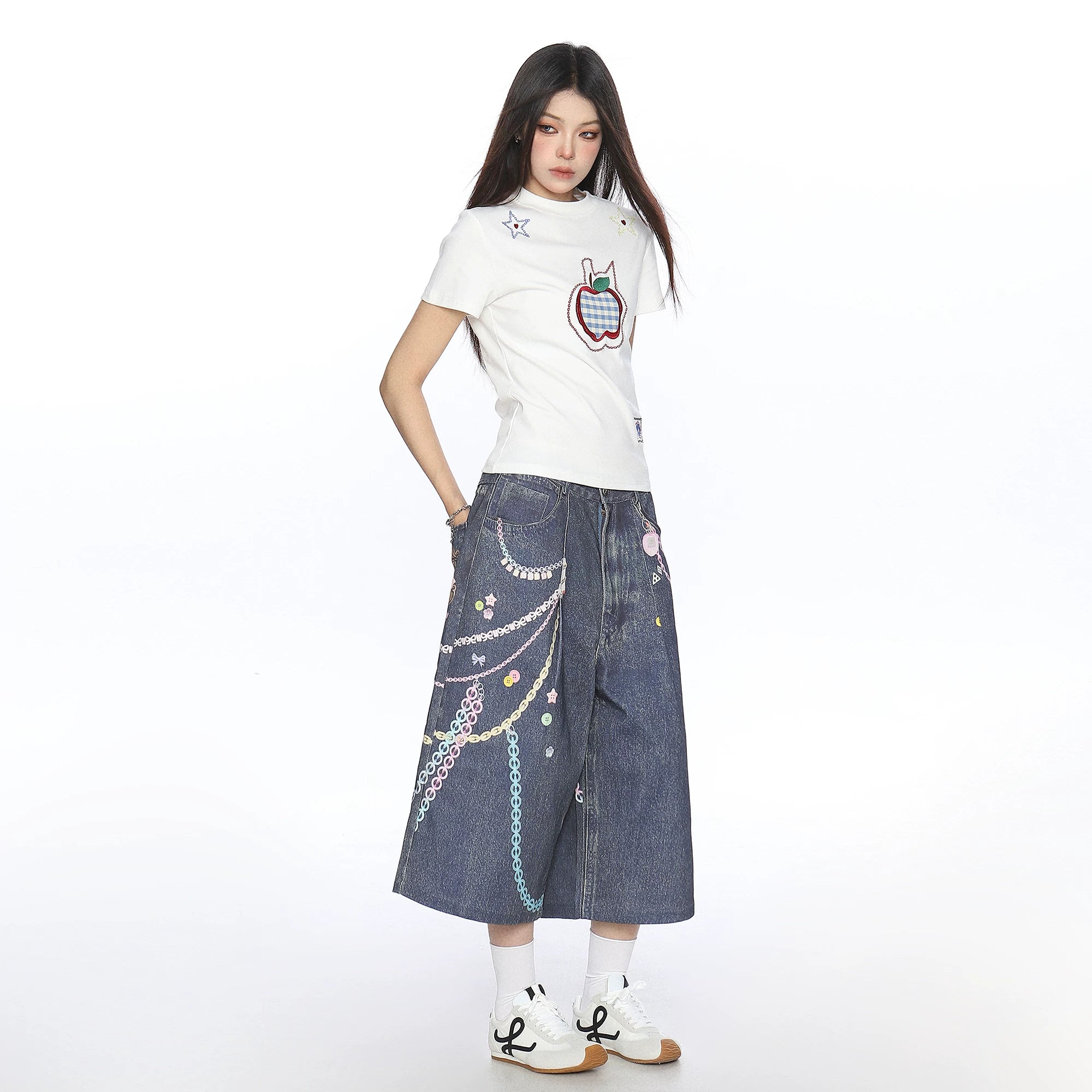BIGGOLD American style small apple embroidery straight shoulder short-sleeved T-shirt for women in summer lazy style casual versatile slim top