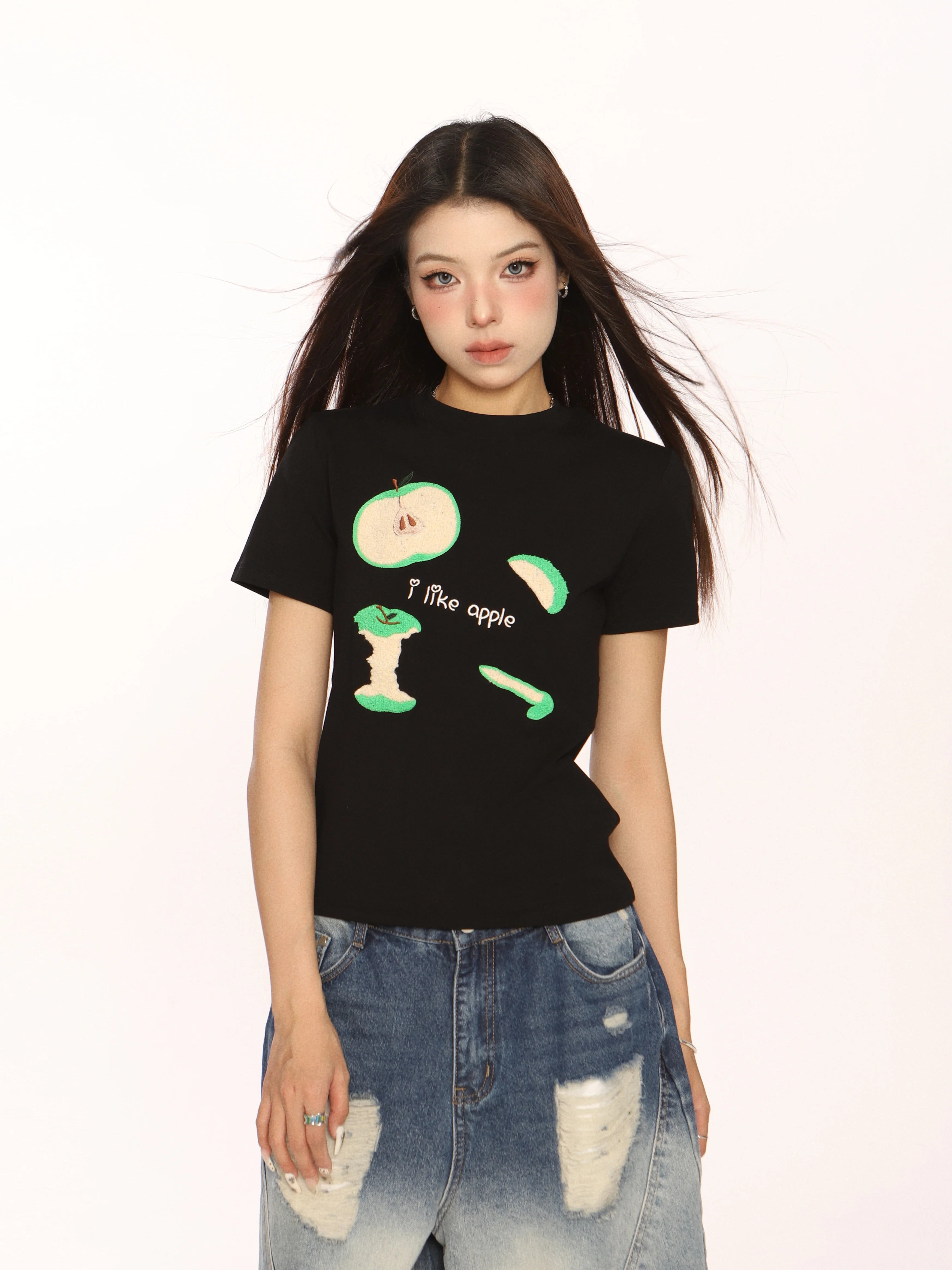 BIGGOLD Apple Towel Embroidered Short Sleeve T-shirt for Women, with a Small American Design, appears slim, white, spicy girl's shoulder top