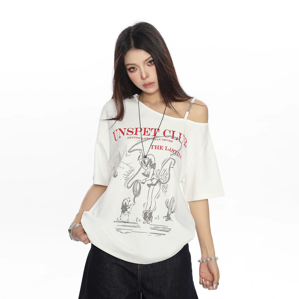 BIGGOLD Korean Style Graffiti Shoulder Strap Short Sleeve T-shirt Women's Summer Lazy Style Loose Casual Top Trendy