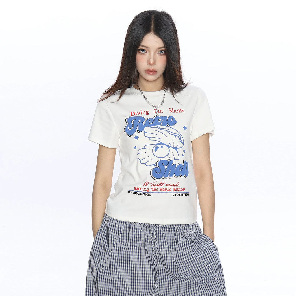 BIGGOLD American letter shell print shoulder short sleeved T-shirt for women's summer lazy style, slimming short top trend